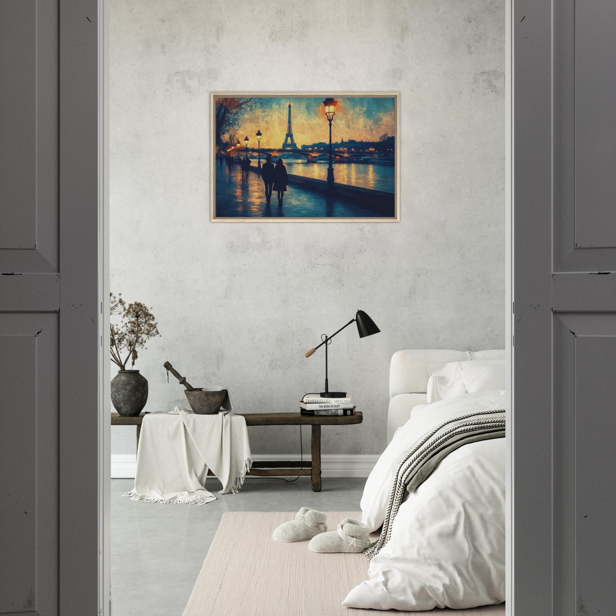 Framed Canvas Landscape - Evening Stroll Along the Seine A romantic river 3 - Shop Ai Art WebShop - Digital Art online Store