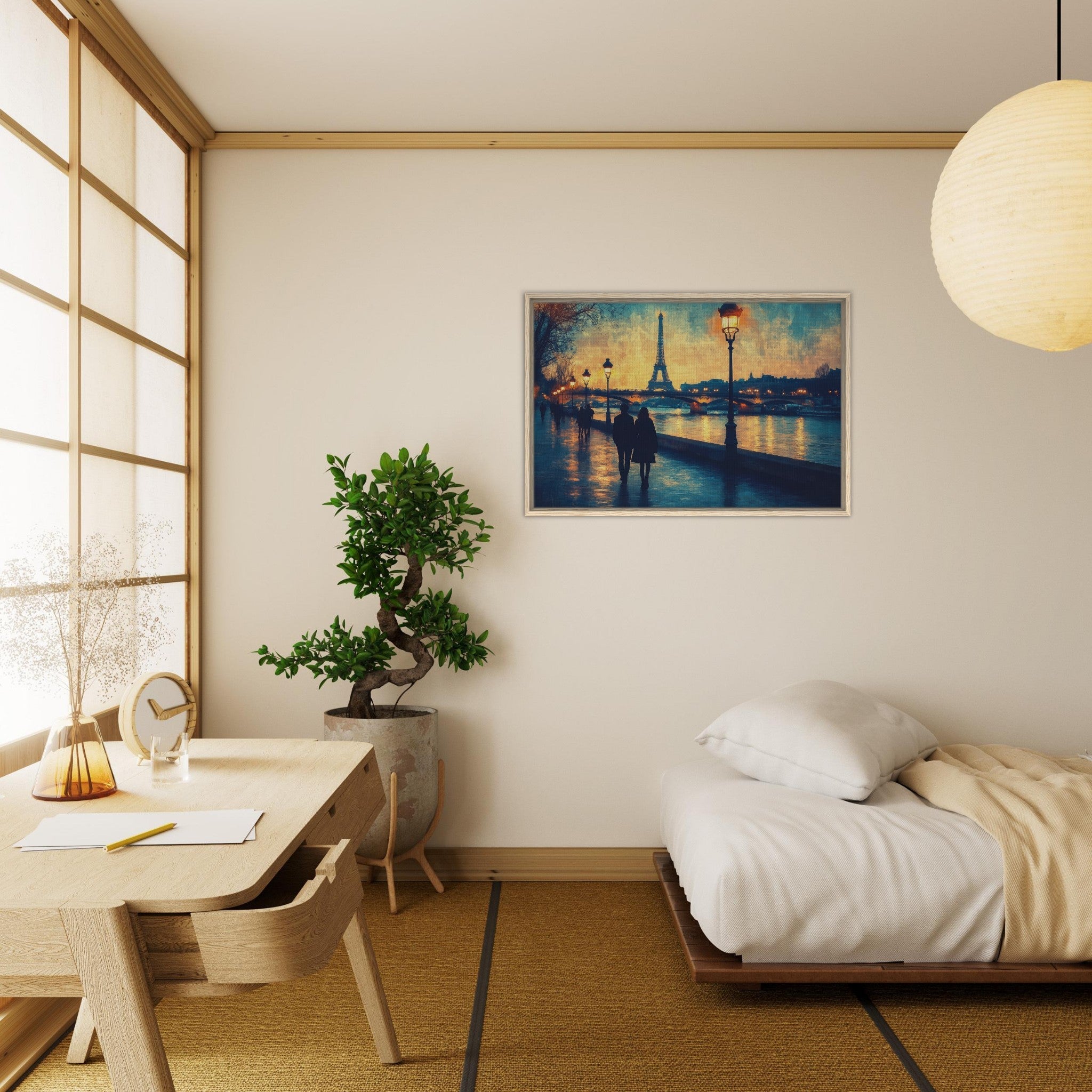Framed Canvas Landscape - Evening Stroll Along the Seine A romantic river 3 - Shop Ai Art WebShop - Digital Art online Store