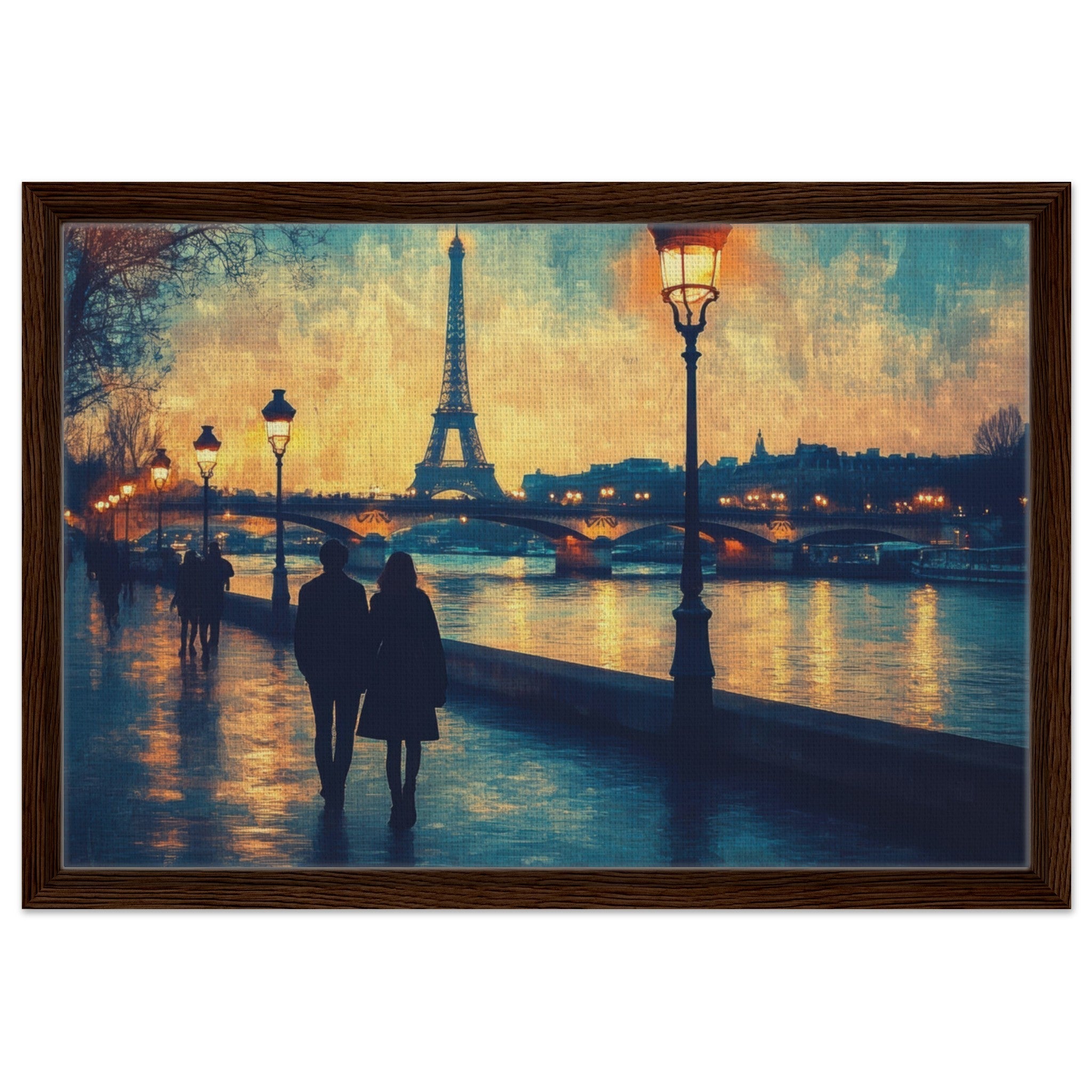 Framed Canvas Landscape - Evening Stroll Along the Seine A romantic river 3 - Shop Ai Art WebShop - Digital Art online Store