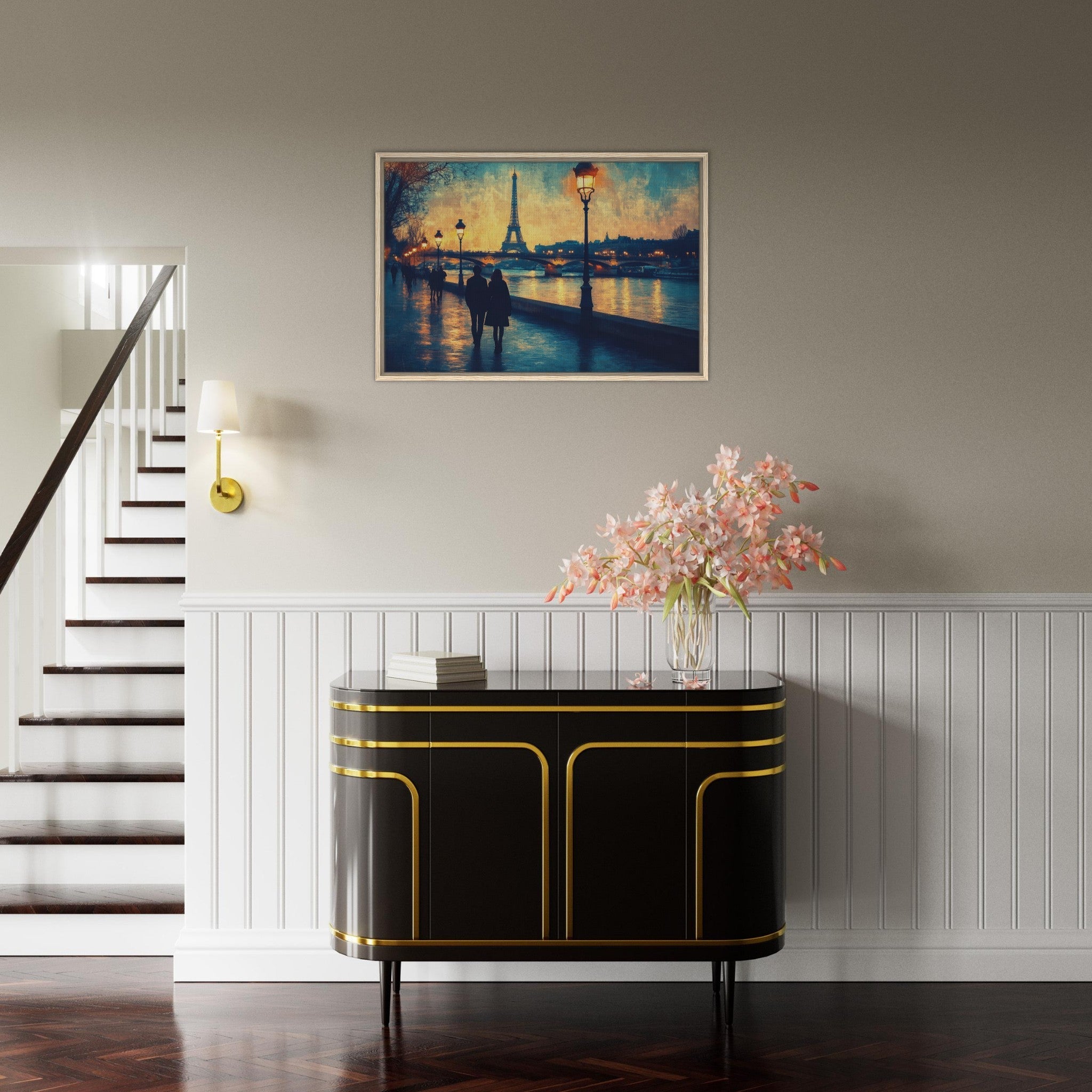 Framed Canvas Landscape - Evening Stroll Along the Seine A romantic river 3 - Shop Ai Art WebShop - Digital Art online Store