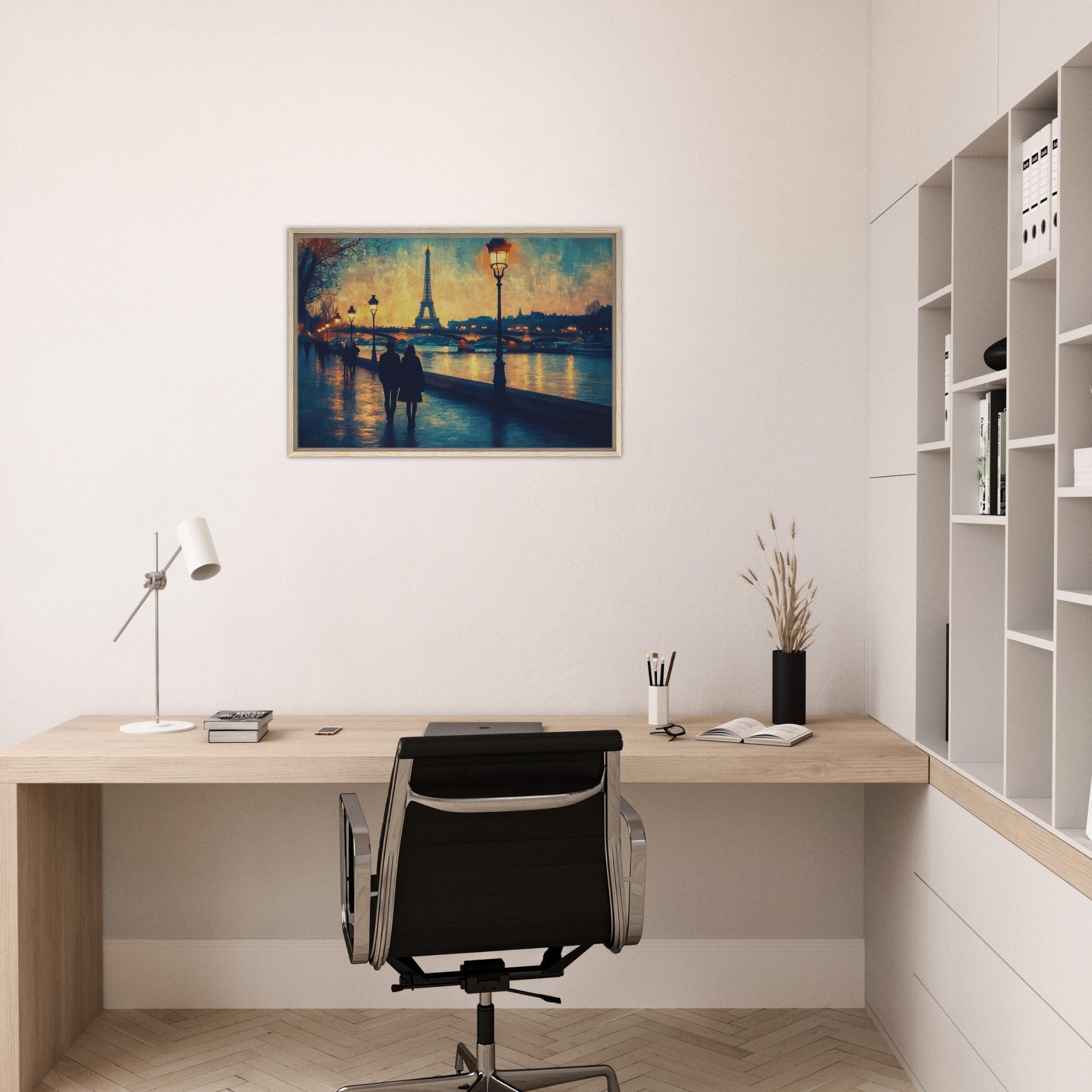 Framed Canvas Landscape - Evening Stroll Along the Seine A romantic river 3 - Shop Ai Art WebShop - Digital Art online Store