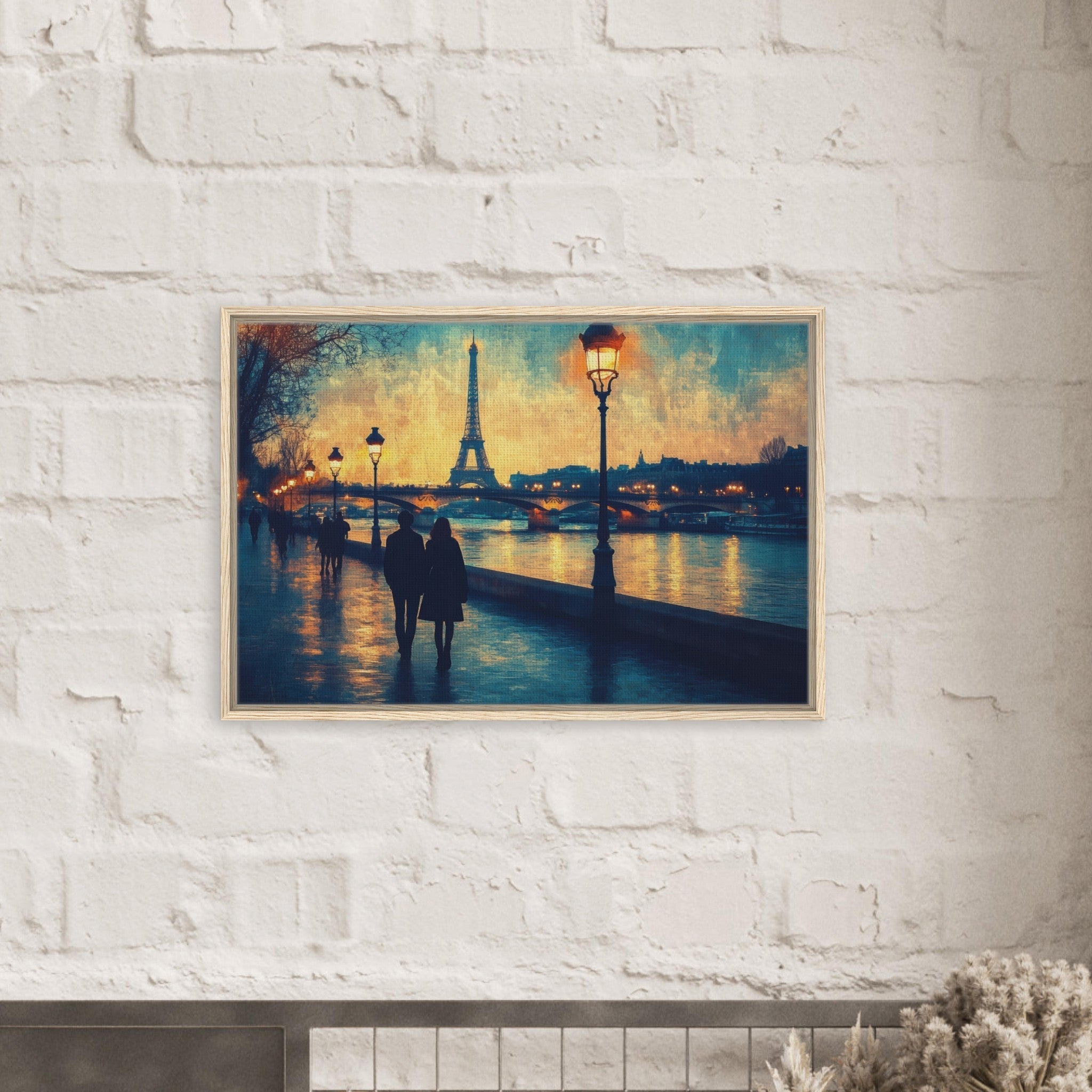 Framed Canvas Landscape - Evening Stroll Along the Seine A romantic river 3 - Shop Ai Art WebShop - Digital Art online Store