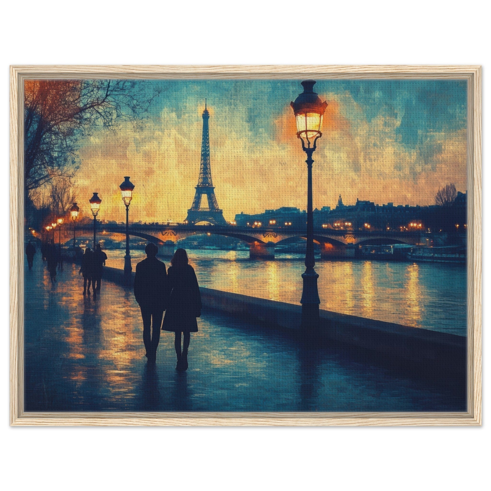 Framed Canvas Landscape - Evening Stroll Along the Seine A romantic river 3 - Shop Ai Art WebShop - Digital Art online Store