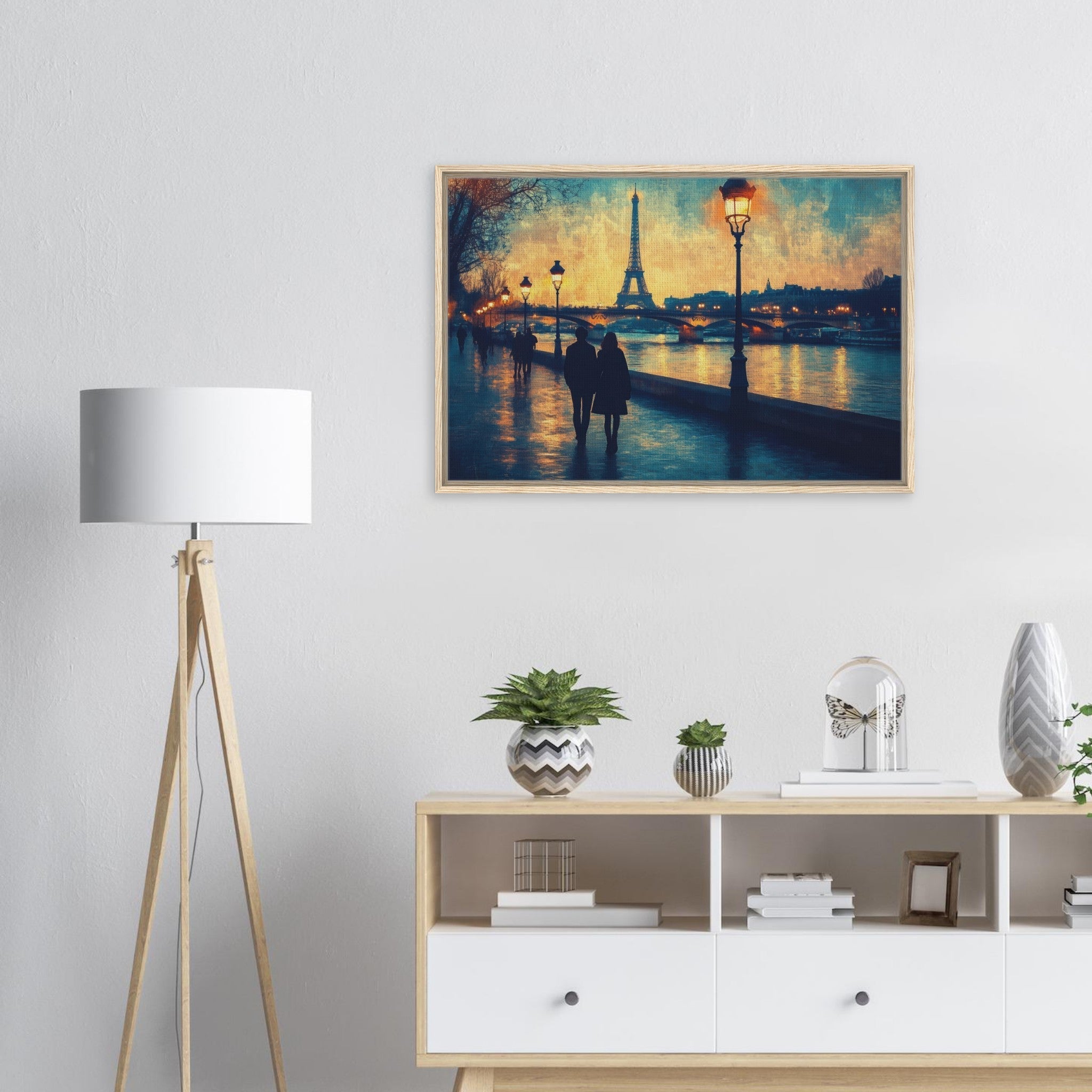 Framed Canvas Landscape - Evening Stroll Along the Seine A romantic river 3 - Shop Ai Art WebShop - Digital Art online Store