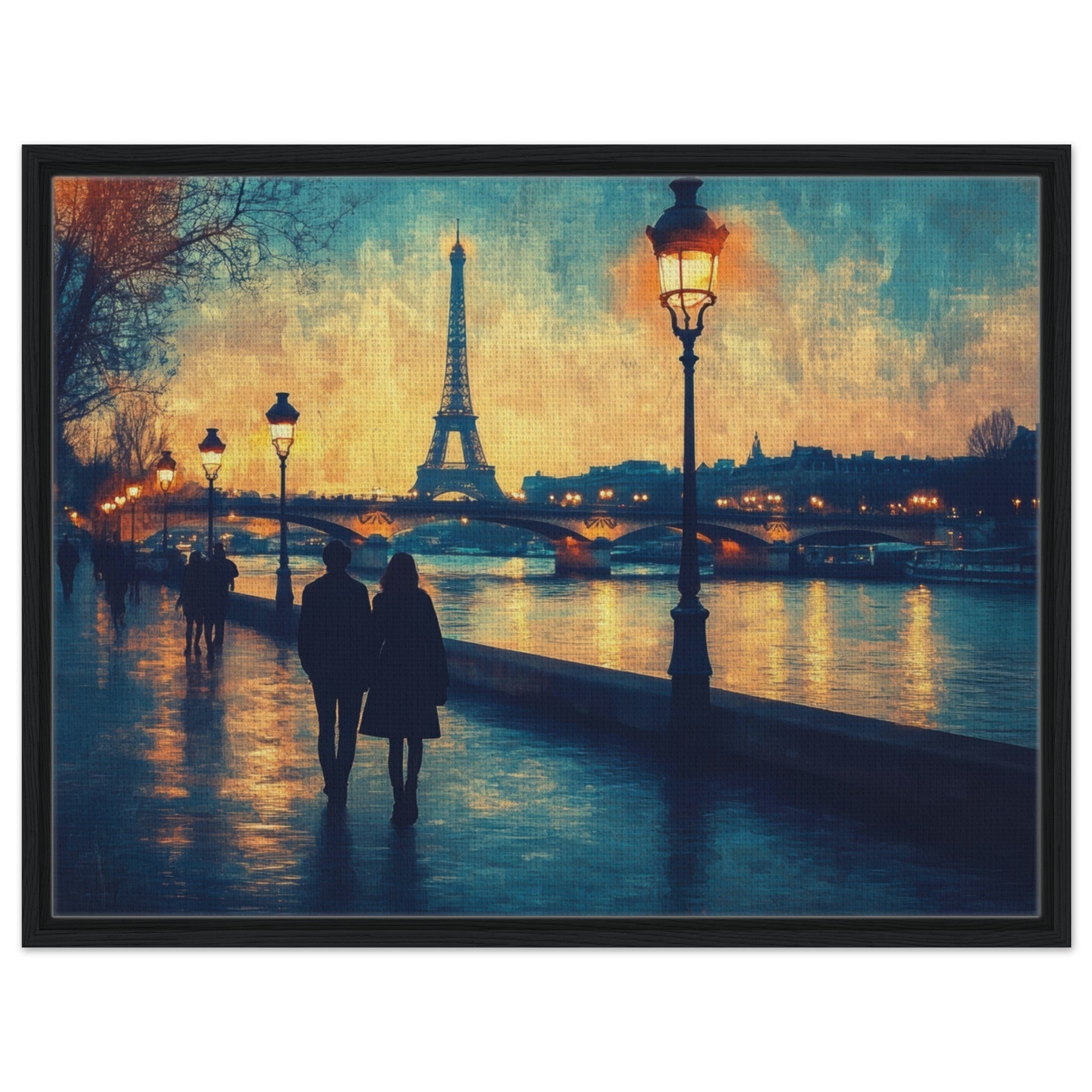 Framed Canvas Landscape - Evening Stroll Along the Seine A romantic river 3 - Shop Ai Art WebShop - Digital Art online Store
