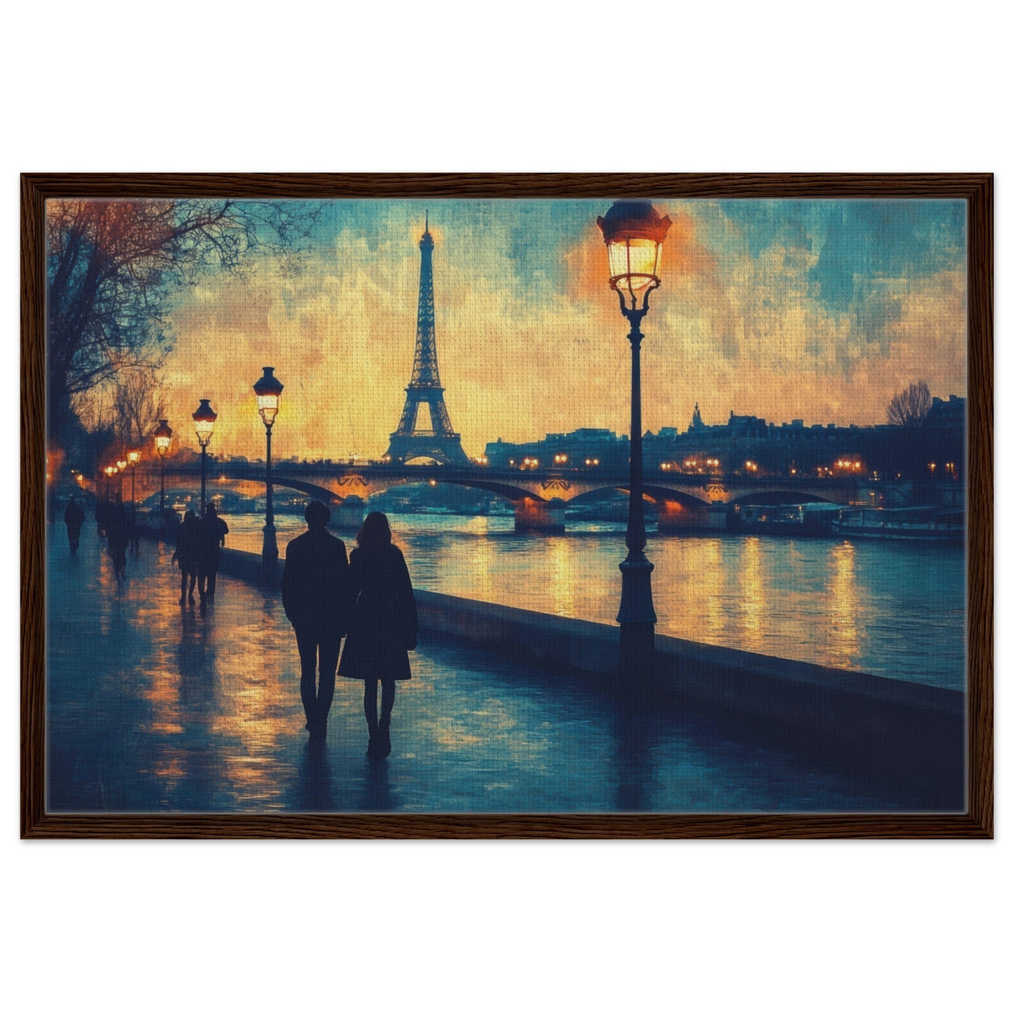 Framed Canvas Landscape - Evening Stroll Along the Seine A romantic river 3 - Shop Ai Art WebShop - Digital Art online Store