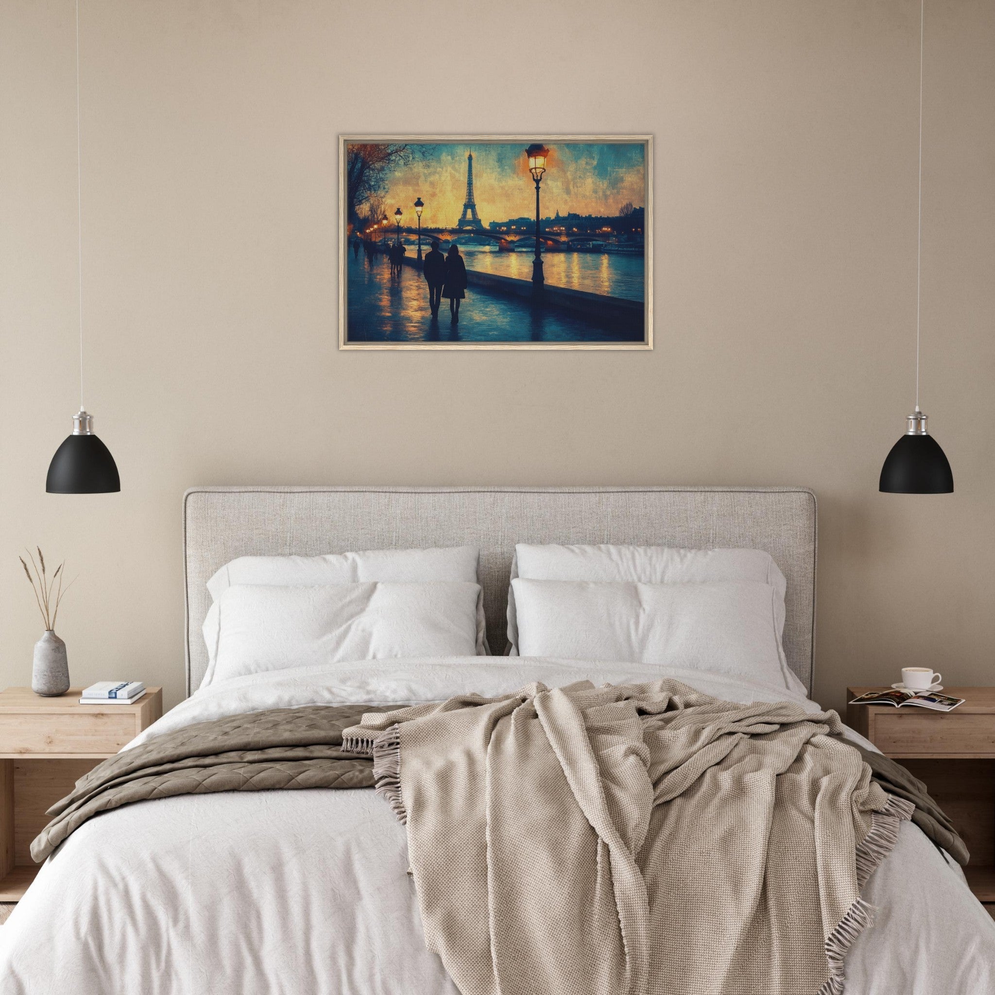 Framed Canvas Landscape - Evening Stroll Along the Seine A romantic river 3 - Shop Ai Art WebShop - Digital Art online Store