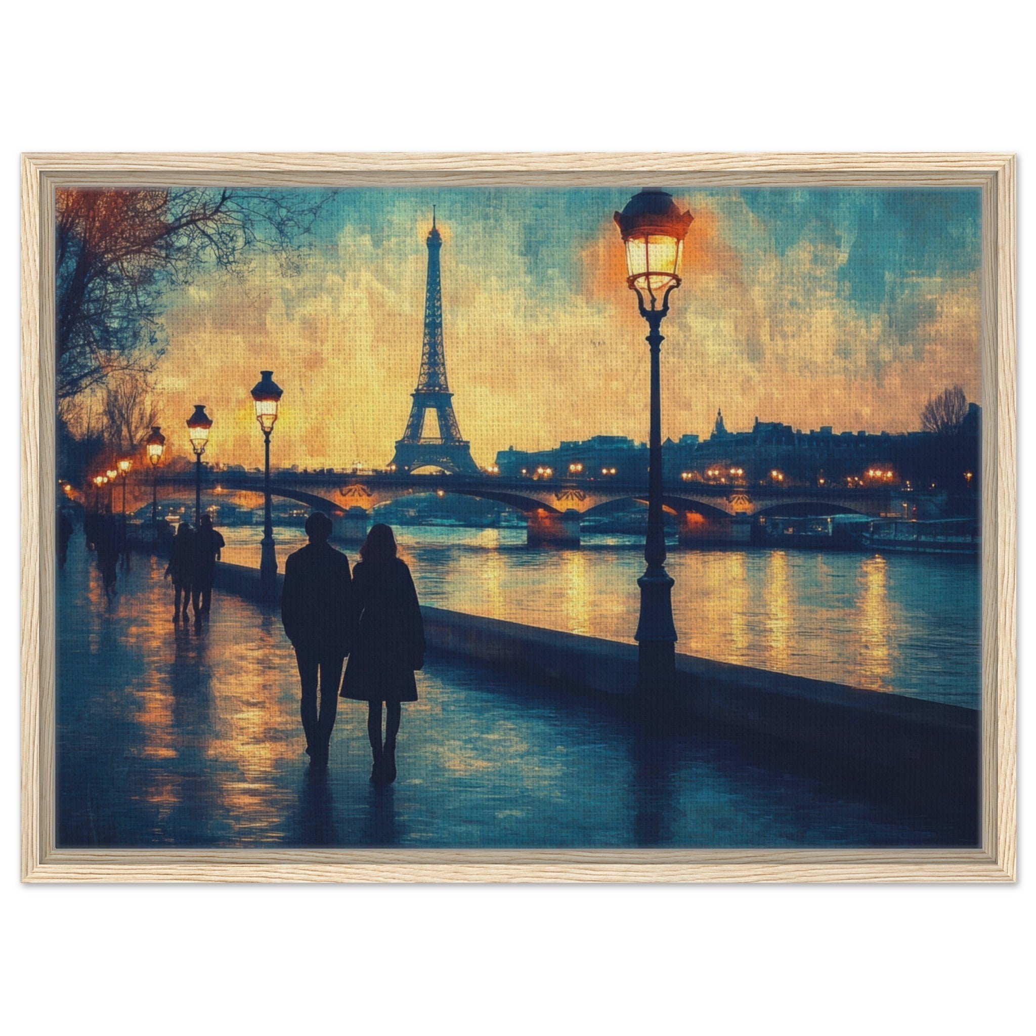 Framed Canvas Landscape - Evening Stroll Along the Seine A romantic river 3 - Shop Ai Art WebShop - Digital Art online Store