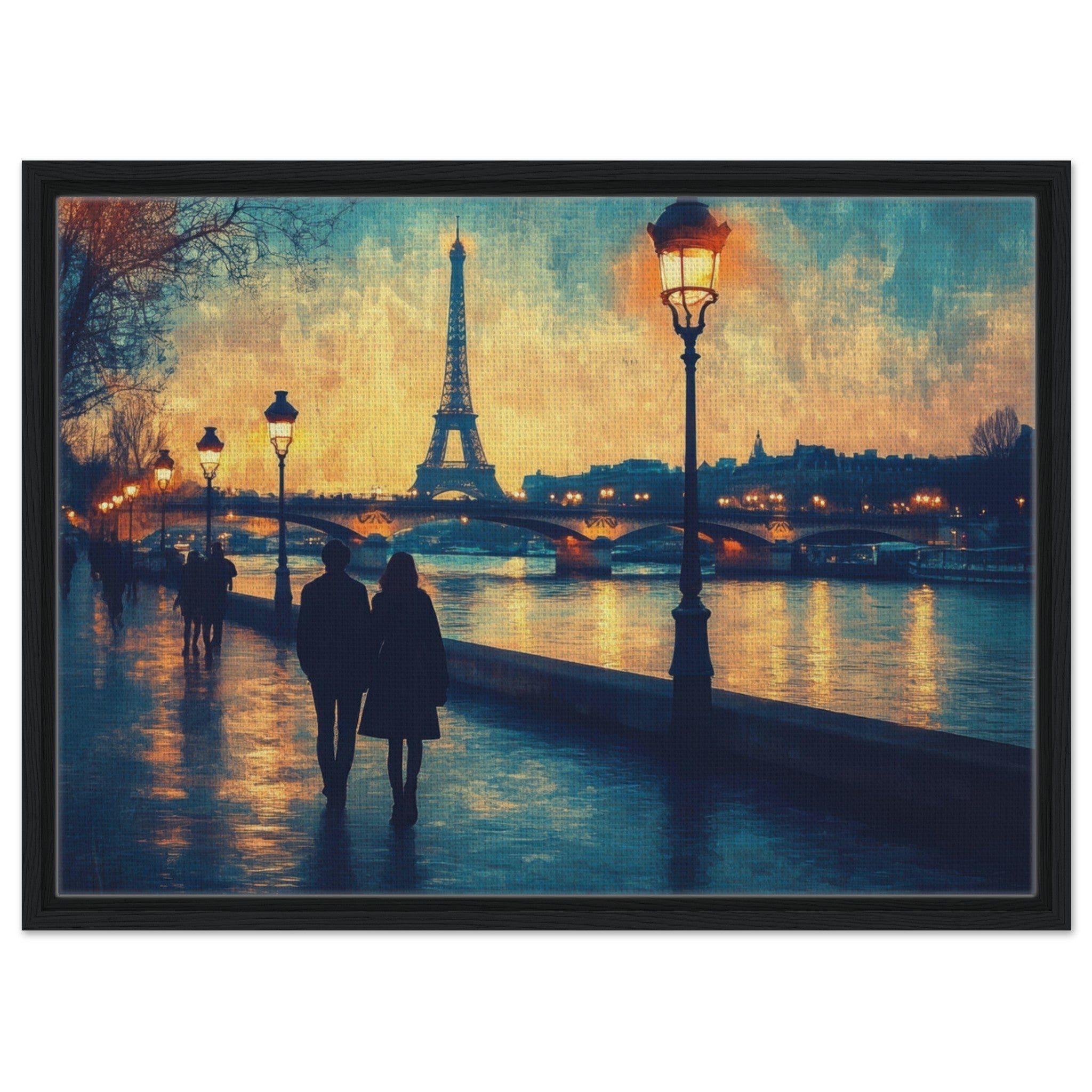Framed Canvas Landscape - Evening Stroll Along the Seine A romantic river 3 - Shop Ai Art WebShop - Digital Art online Store