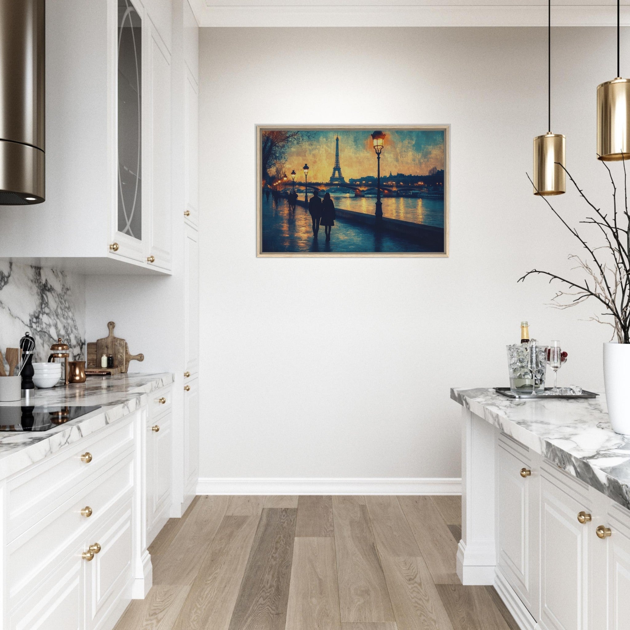 Framed Canvas Landscape - Evening Stroll Along the Seine A romantic river 3 - Shop Ai Art WebShop - Digital Art online Store