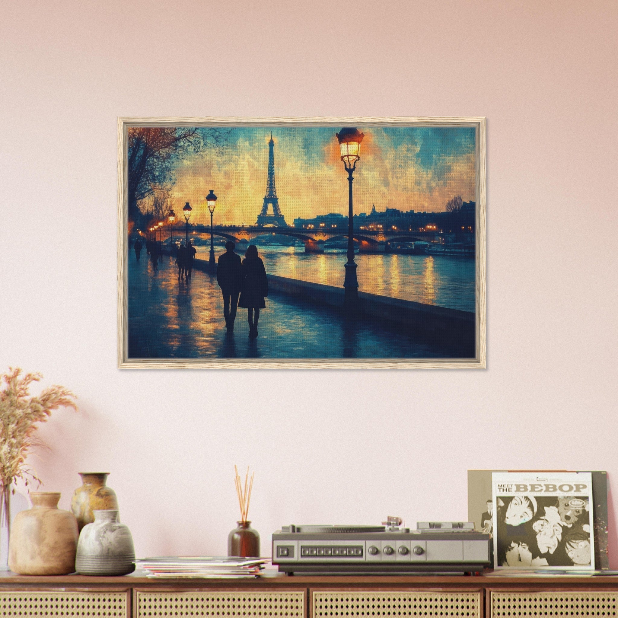 Framed Canvas Landscape - Evening Stroll Along the Seine A romantic river 3 - Shop Ai Art WebShop - Digital Art online Store