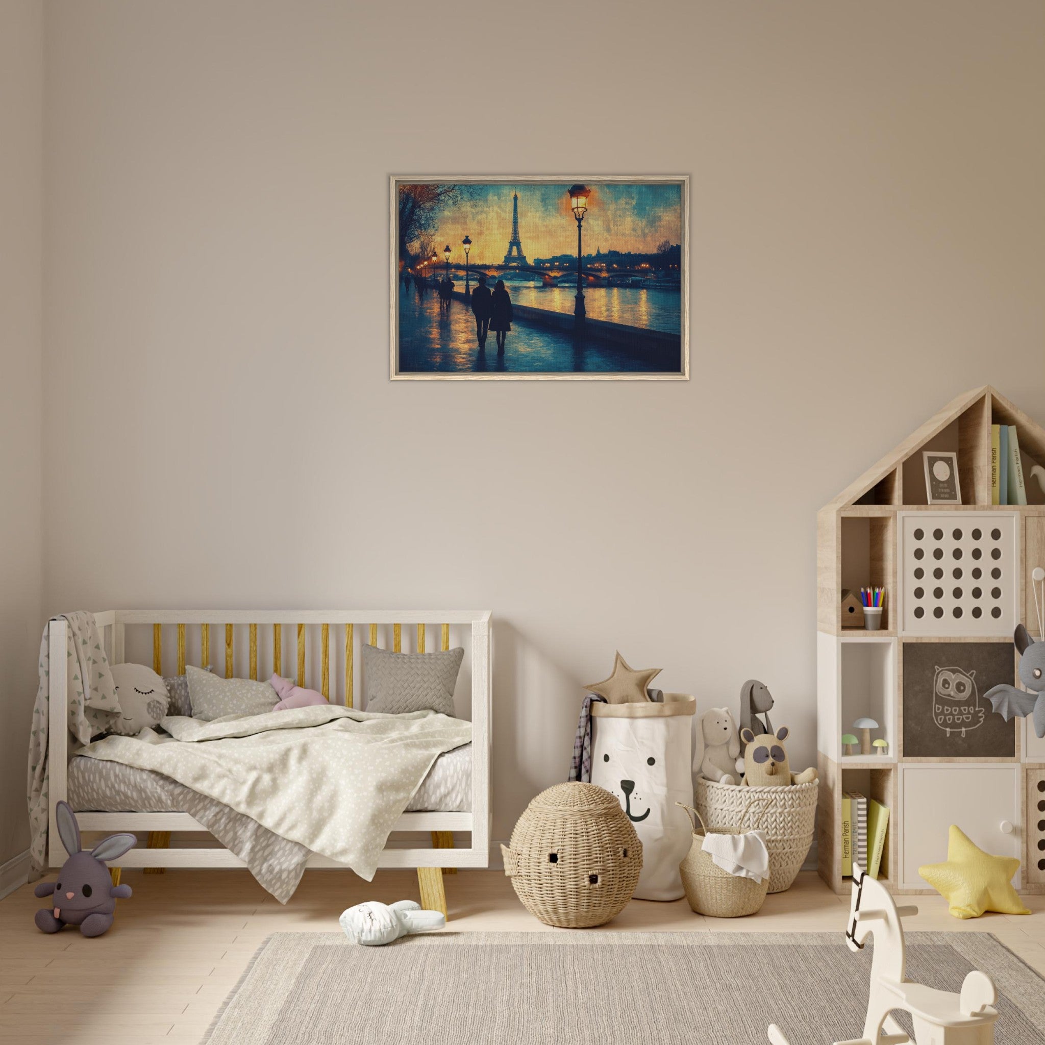 Framed Canvas Landscape - Evening Stroll Along the Seine A romantic river 3 - Shop Ai Art WebShop - Digital Art online Store