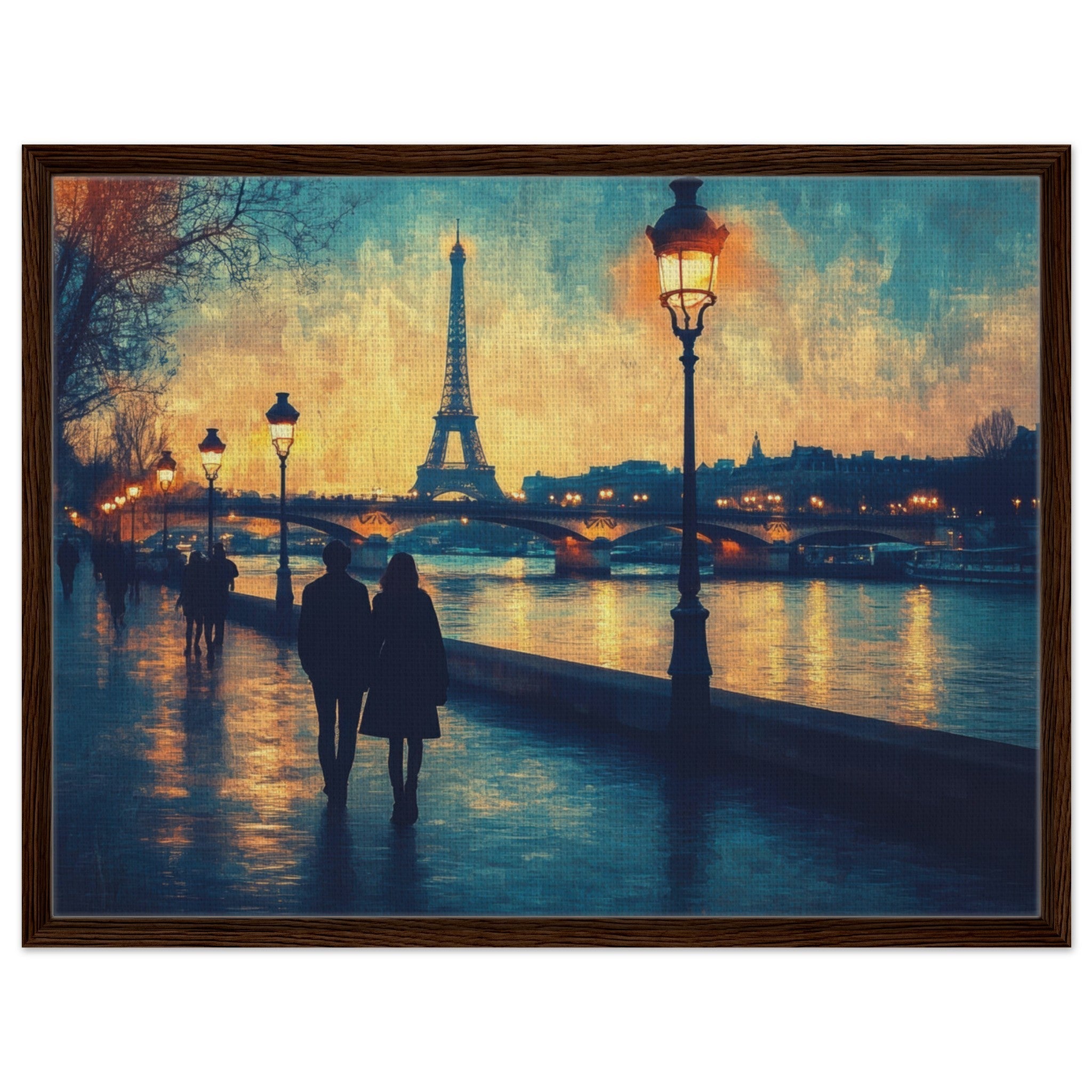 Framed Canvas Landscape - Evening Stroll Along the Seine A romantic river 3 - Shop Ai Art WebShop - Digital Art online Store