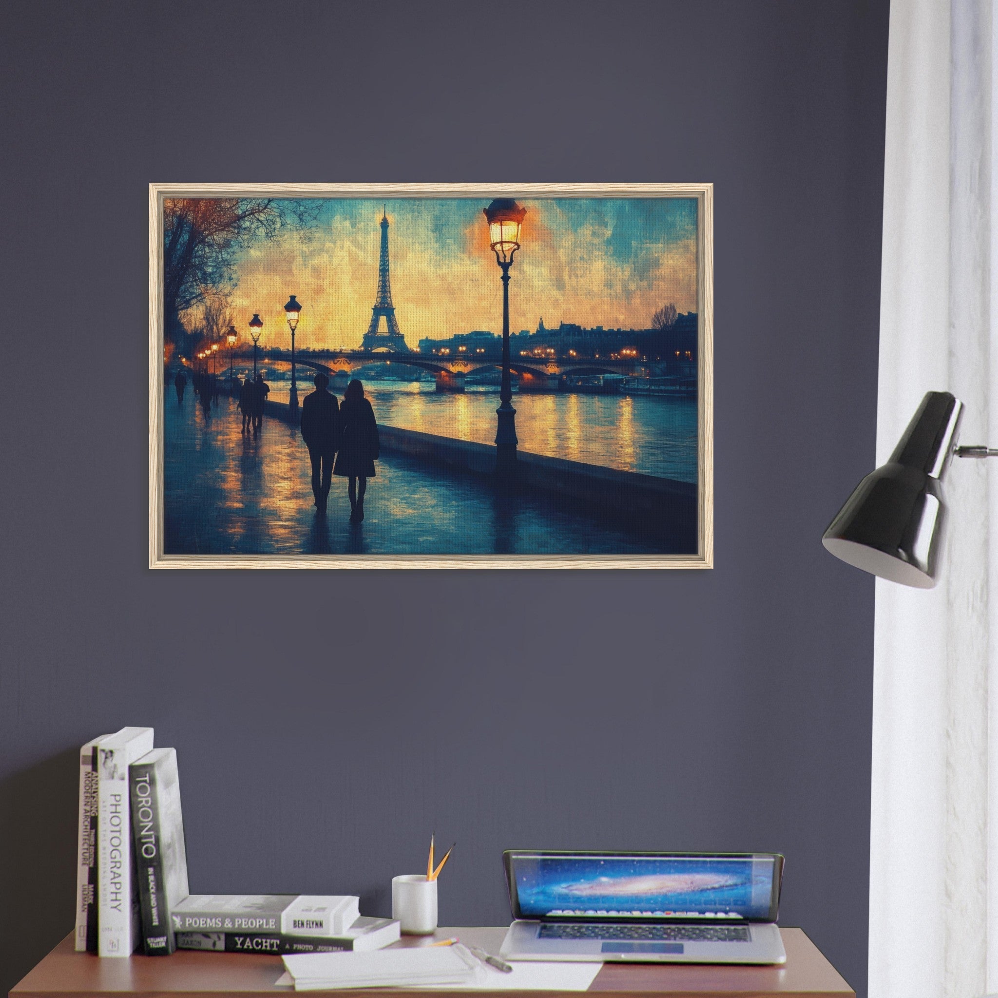 Framed Canvas Landscape - Evening Stroll Along the Seine A romantic river 3 - Shop Ai Art WebShop - Digital Art online Store