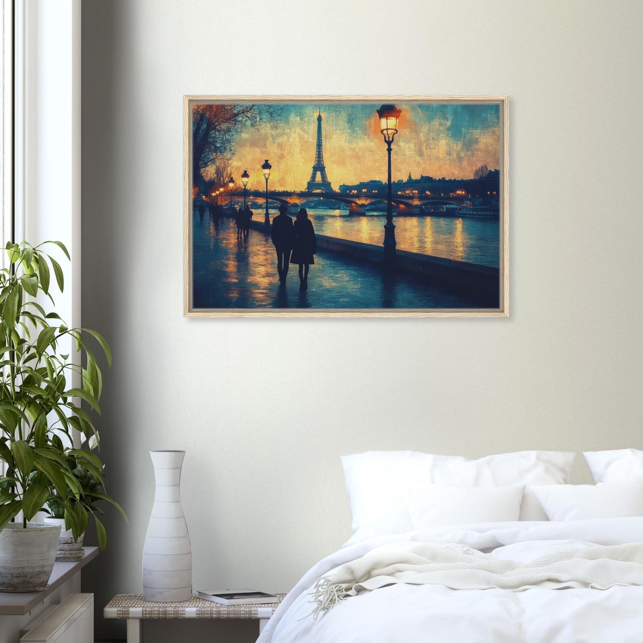 Framed Canvas Landscape - Evening Stroll Along the Seine A romantic river 3 - Shop Ai Art WebShop - Digital Art online Store
