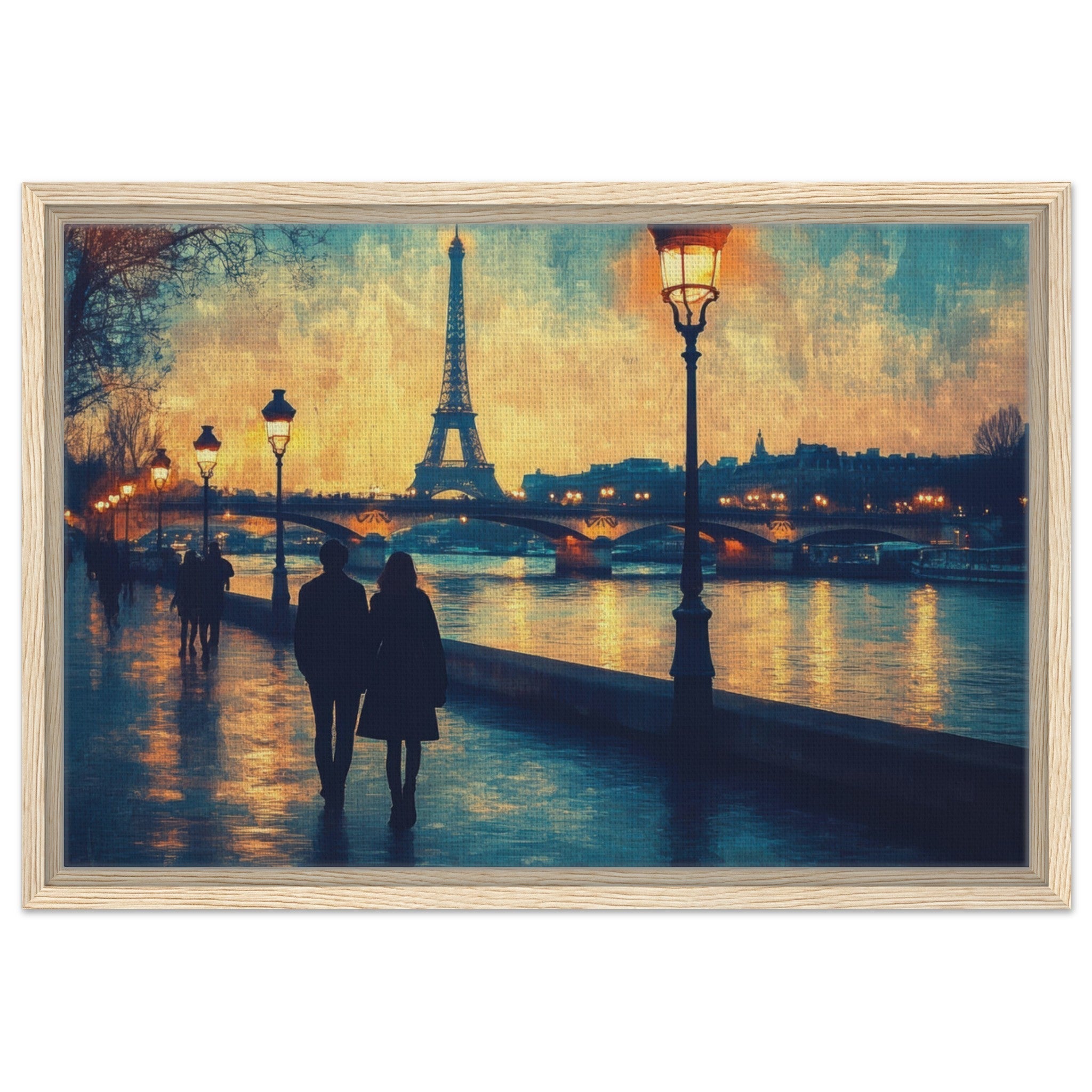 Framed Canvas Landscape - Evening Stroll Along the Seine A romantic river 3 - Shop Ai Art WebShop - Digital Art online Store
