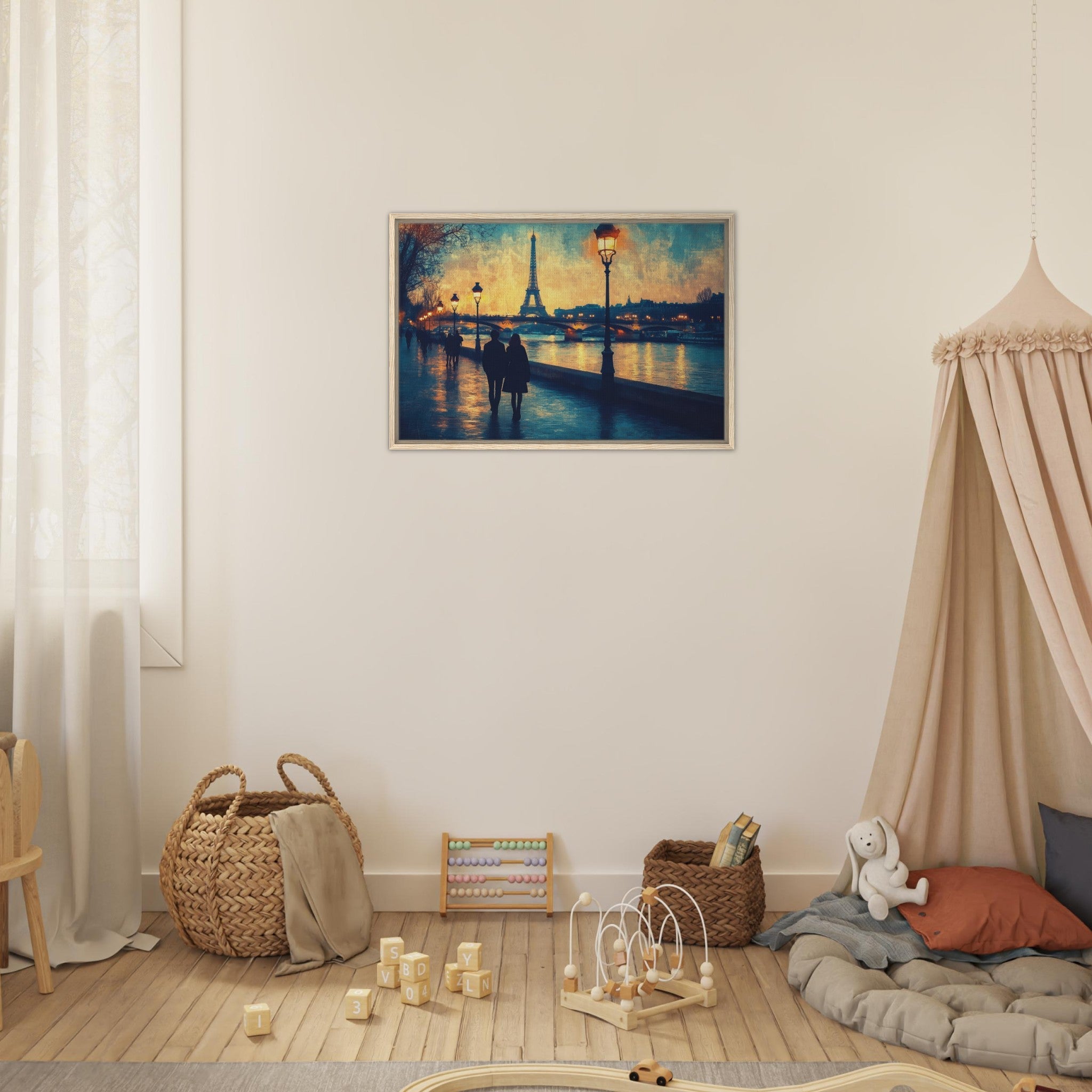 Framed Canvas Landscape - Evening Stroll Along the Seine A romantic river 3 - Shop Ai Art WebShop - Digital Art online Store