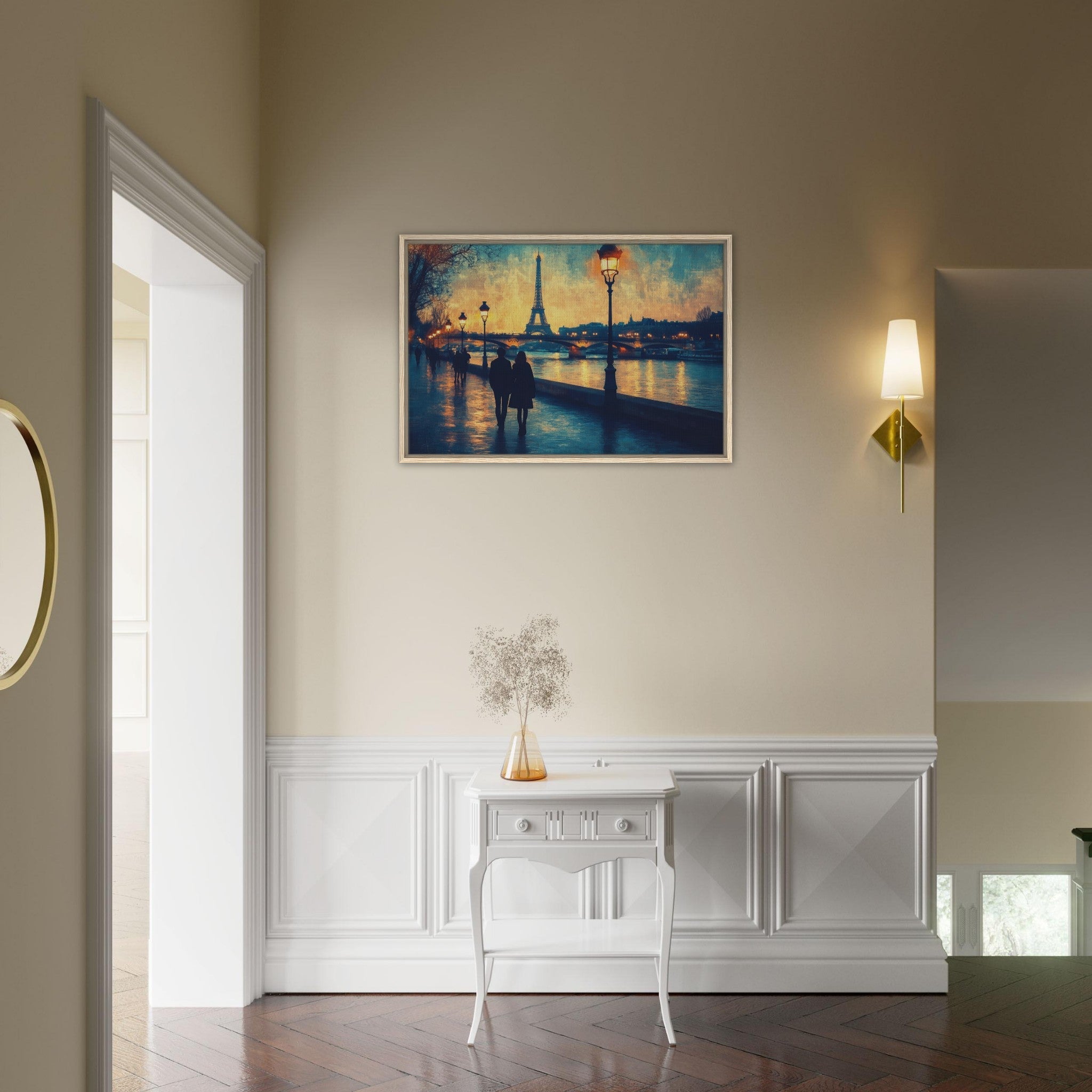 Framed Canvas Landscape - Evening Stroll Along the Seine A romantic river 3 - Shop Ai Art WebShop - Digital Art online Store
