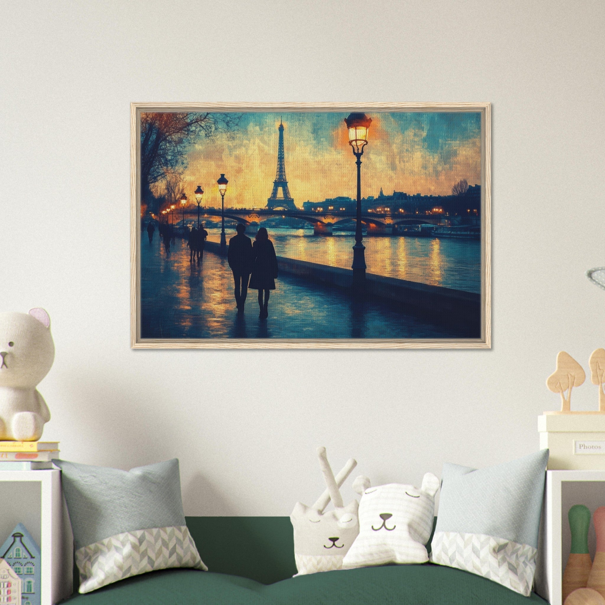 Framed Canvas Landscape - Evening Stroll Along the Seine A romantic river 3 - Shop Ai Art WebShop - Digital Art online Store