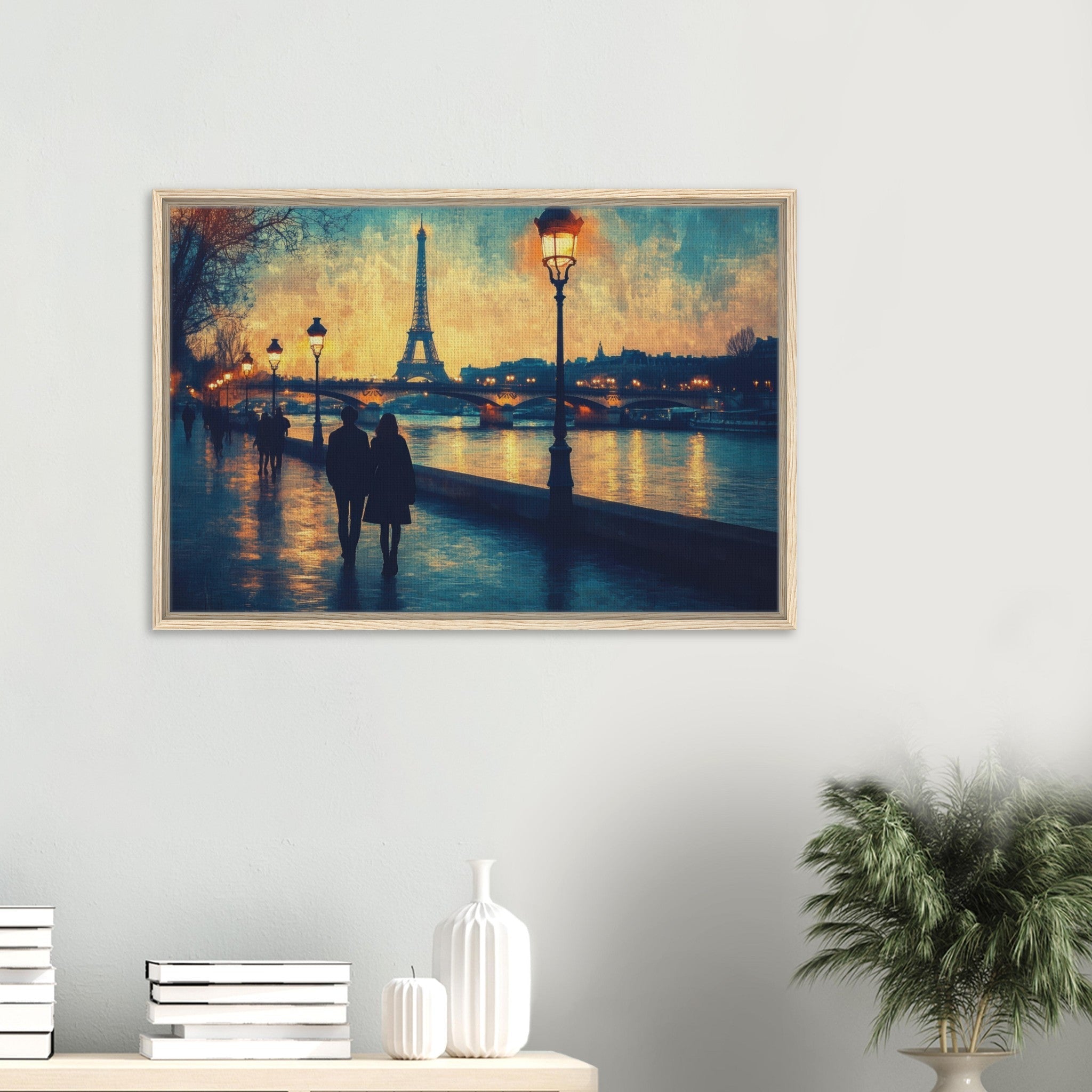 Framed Canvas Landscape - Evening Stroll Along the Seine A romantic river 3 - Shop Ai Art WebShop - Digital Art online Store