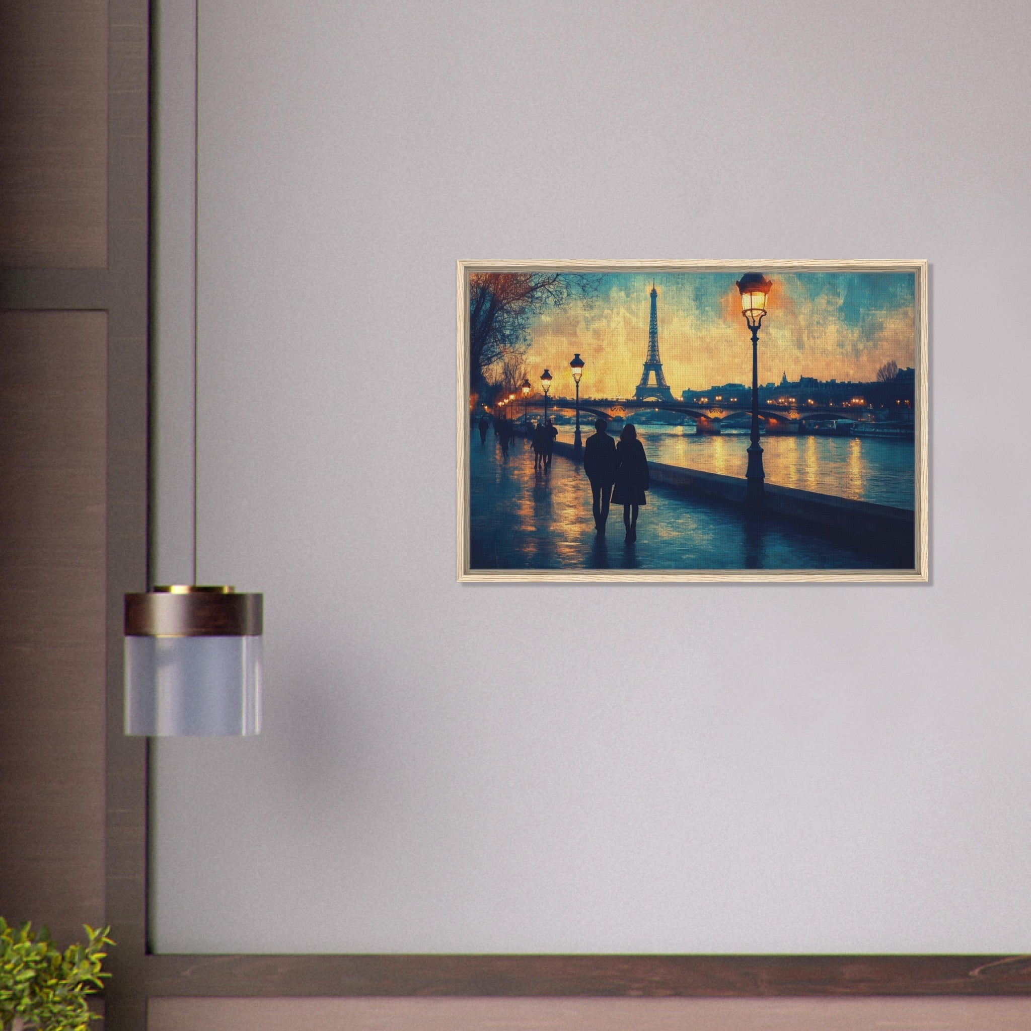 Framed Canvas Landscape - Evening Stroll Along the Seine A romantic river 3 - Shop Ai Art WebShop - Digital Art online Store