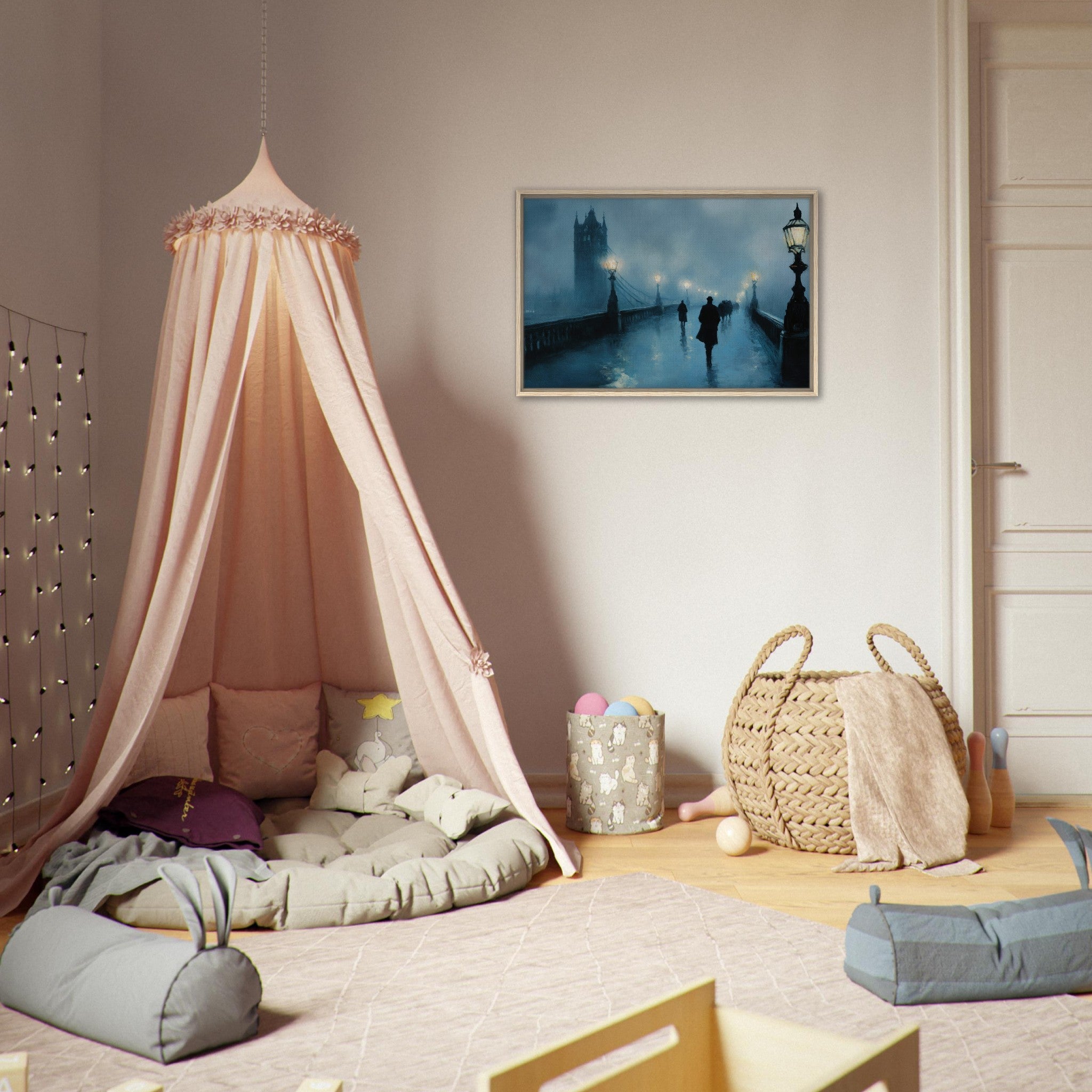 Framed Canvas Landscape - Foggy London Bridge at Dawn A misty morning vie - Shop Ai Art WebShop - Digital Art online Store