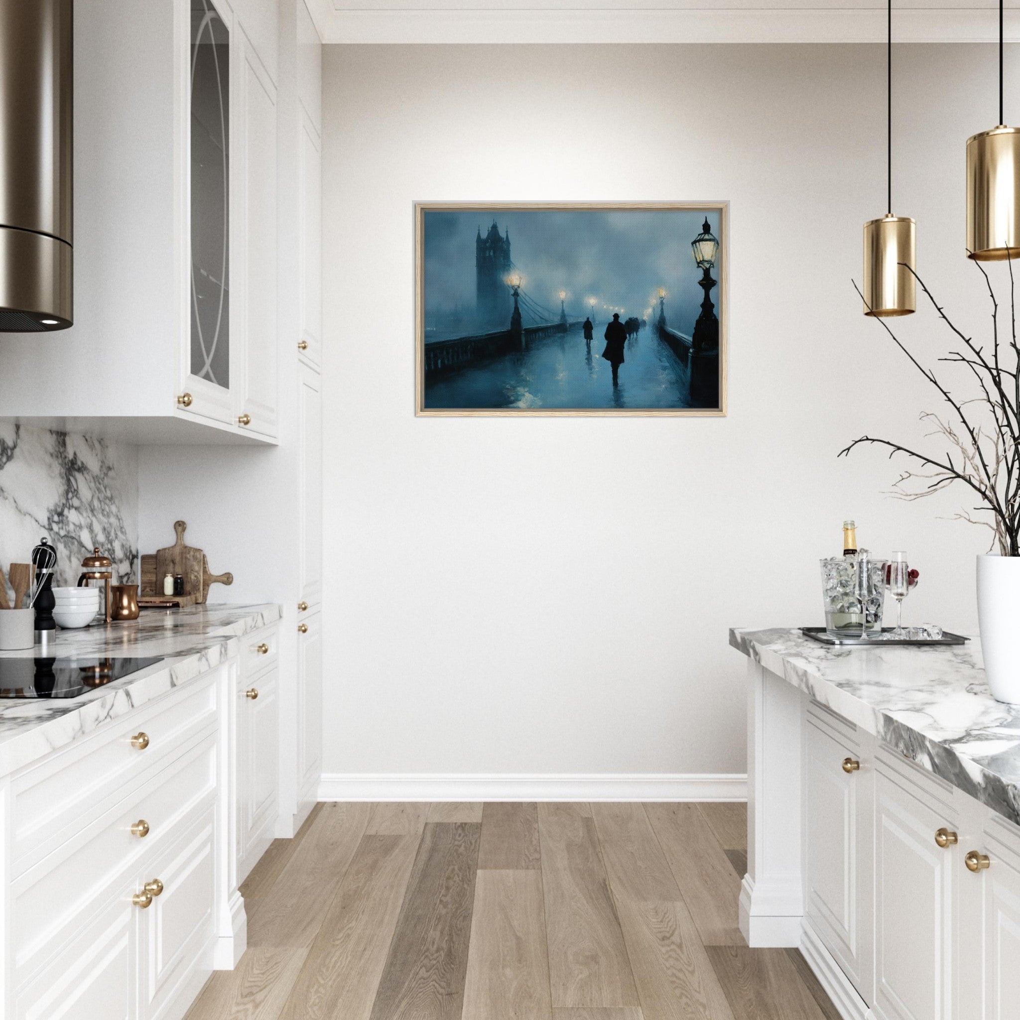 Framed Canvas Landscape - Foggy London Bridge at Dawn A misty morning vie - Shop Ai Art WebShop - Digital Art online Store