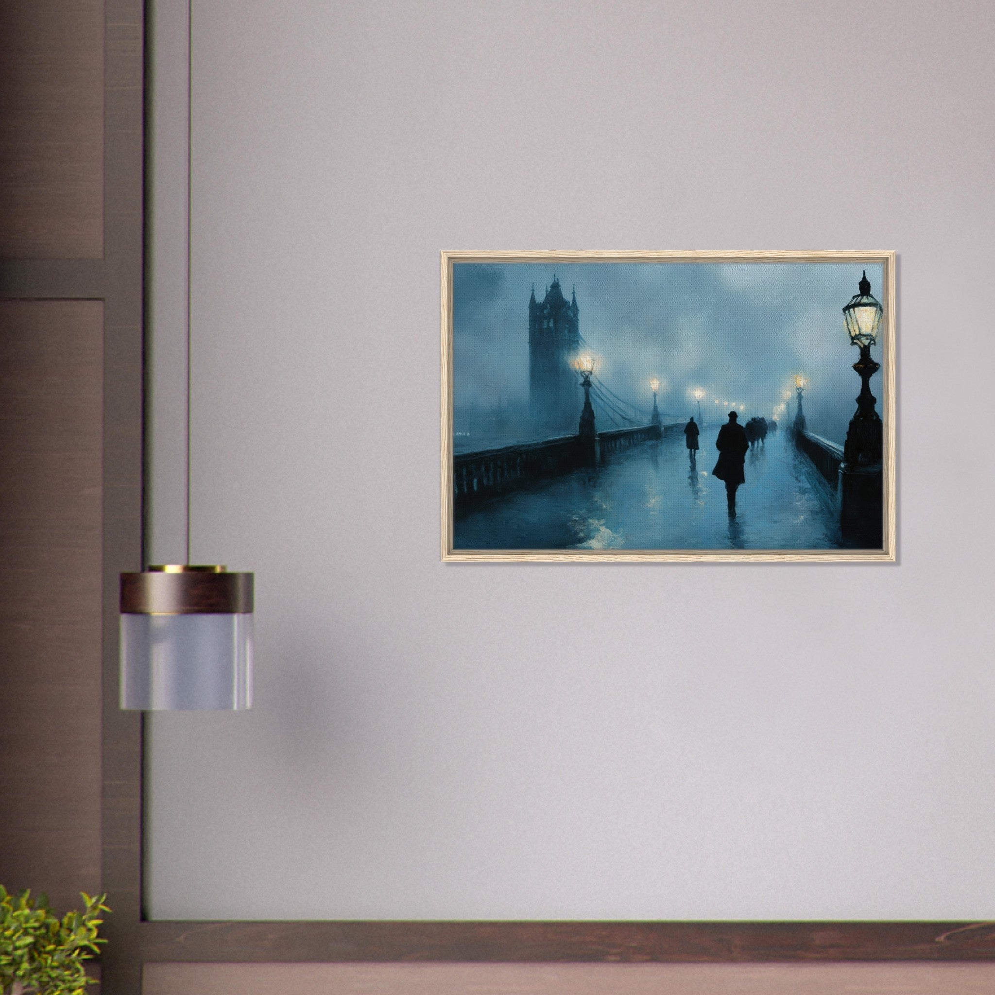 Framed Canvas Landscape - Foggy London Bridge at Dawn A misty morning vie - Shop Ai Art WebShop - Digital Art online Store