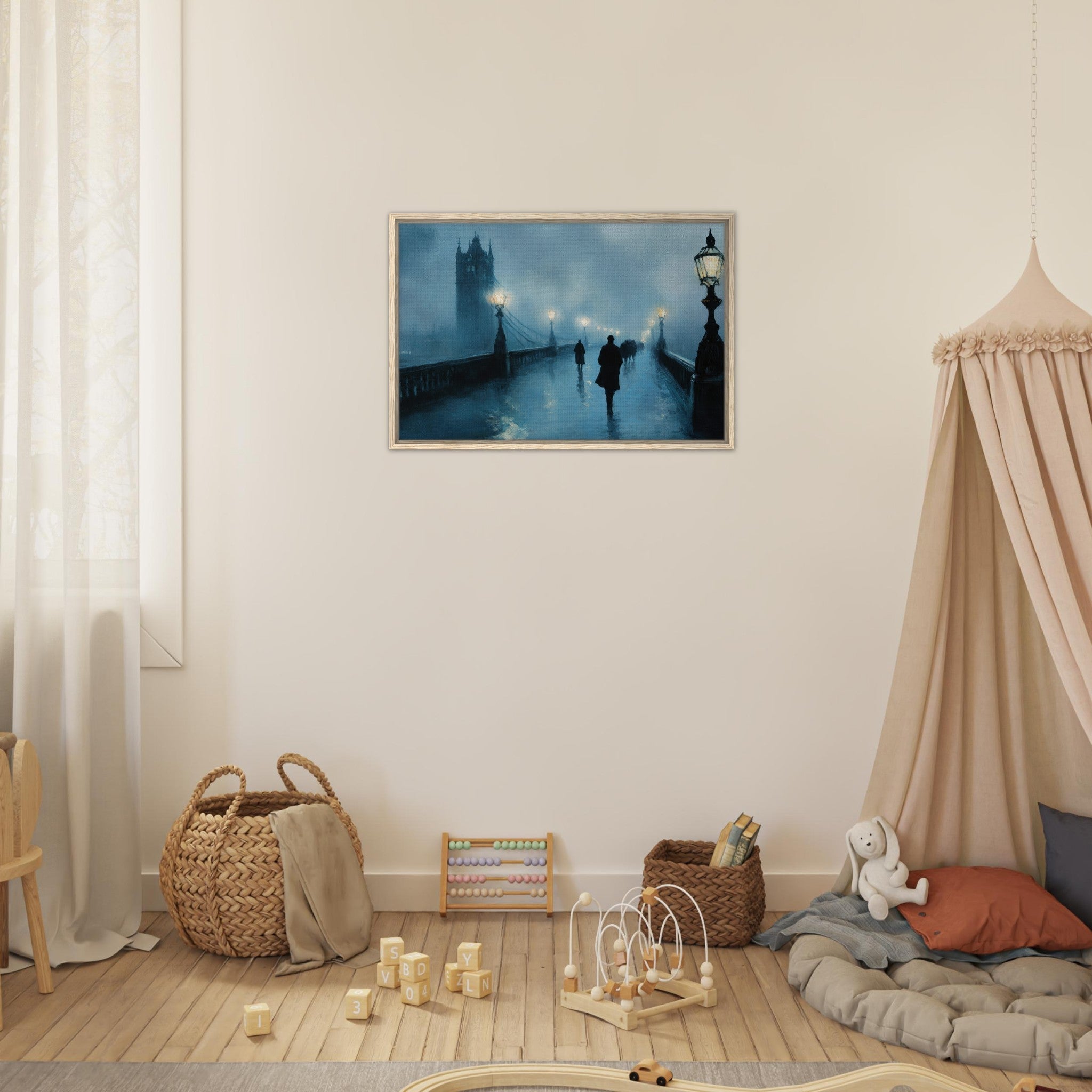 Framed Canvas Landscape - Foggy London Bridge at Dawn A misty morning vie - Shop Ai Art WebShop - Digital Art online Store