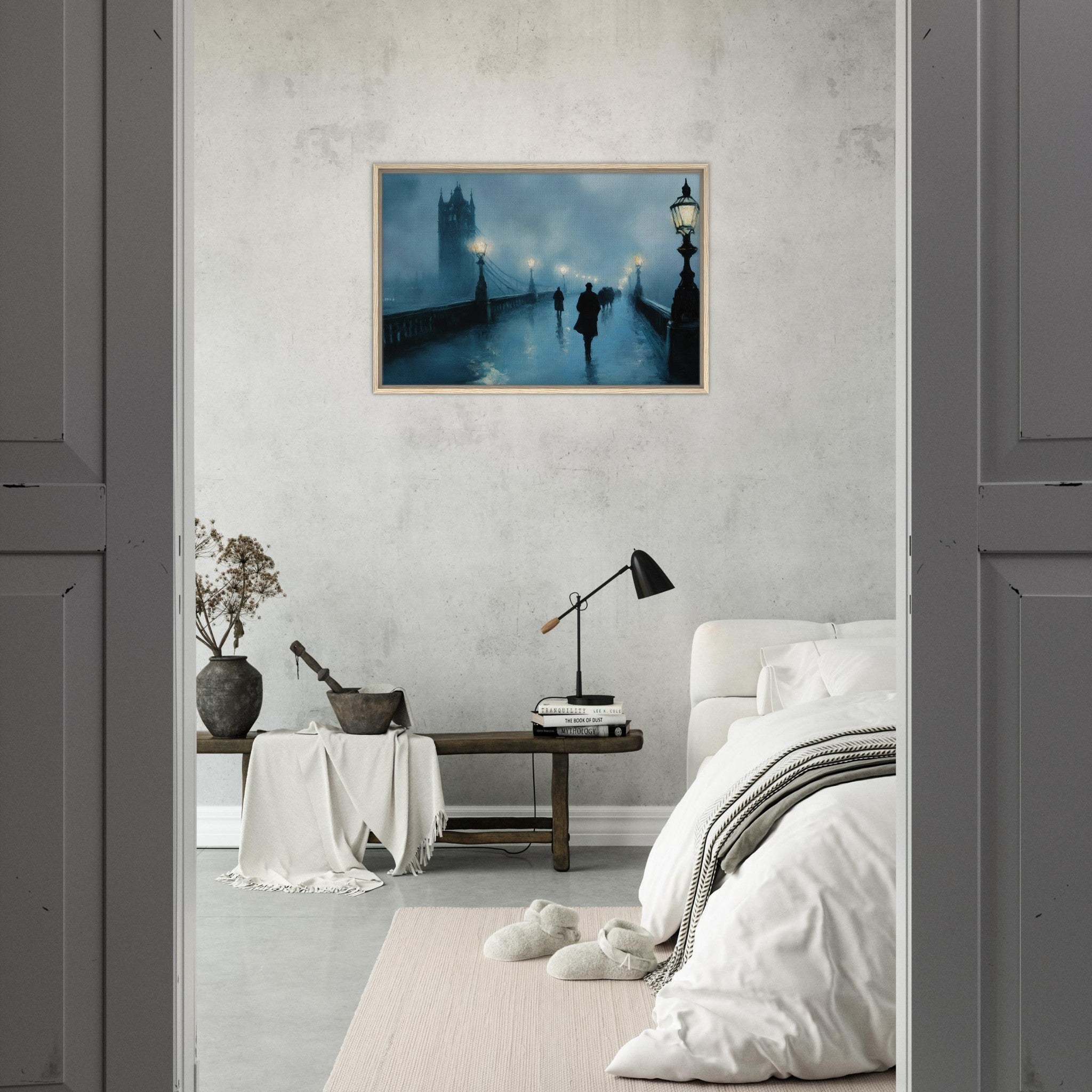 Framed Canvas Landscape - Foggy London Bridge at Dawn A misty morning vie - Shop Ai Art WebShop - Digital Art online Store