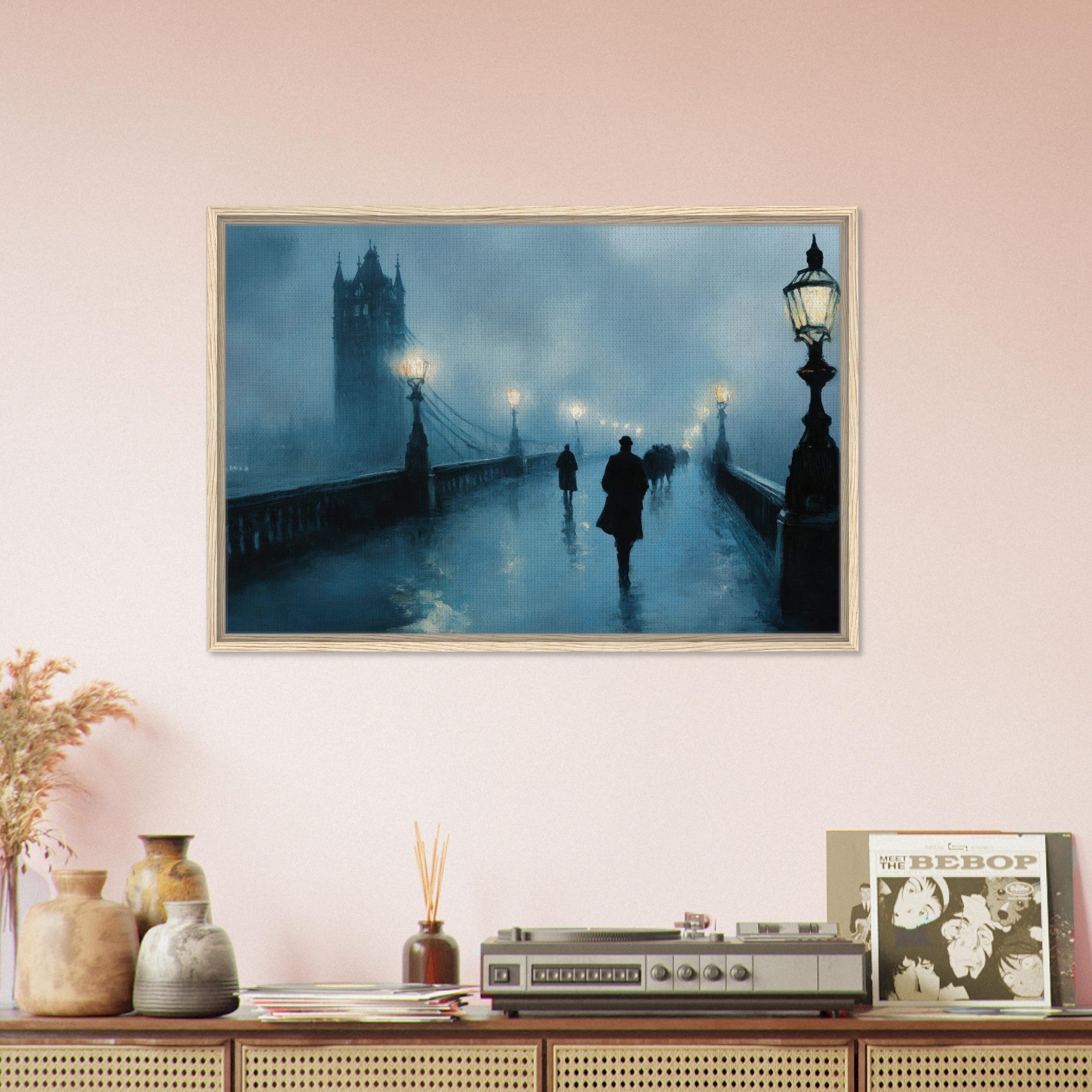 Framed Canvas Landscape - Foggy London Bridge at Dawn A misty morning vie - Shop Ai Art WebShop - Digital Art online Store