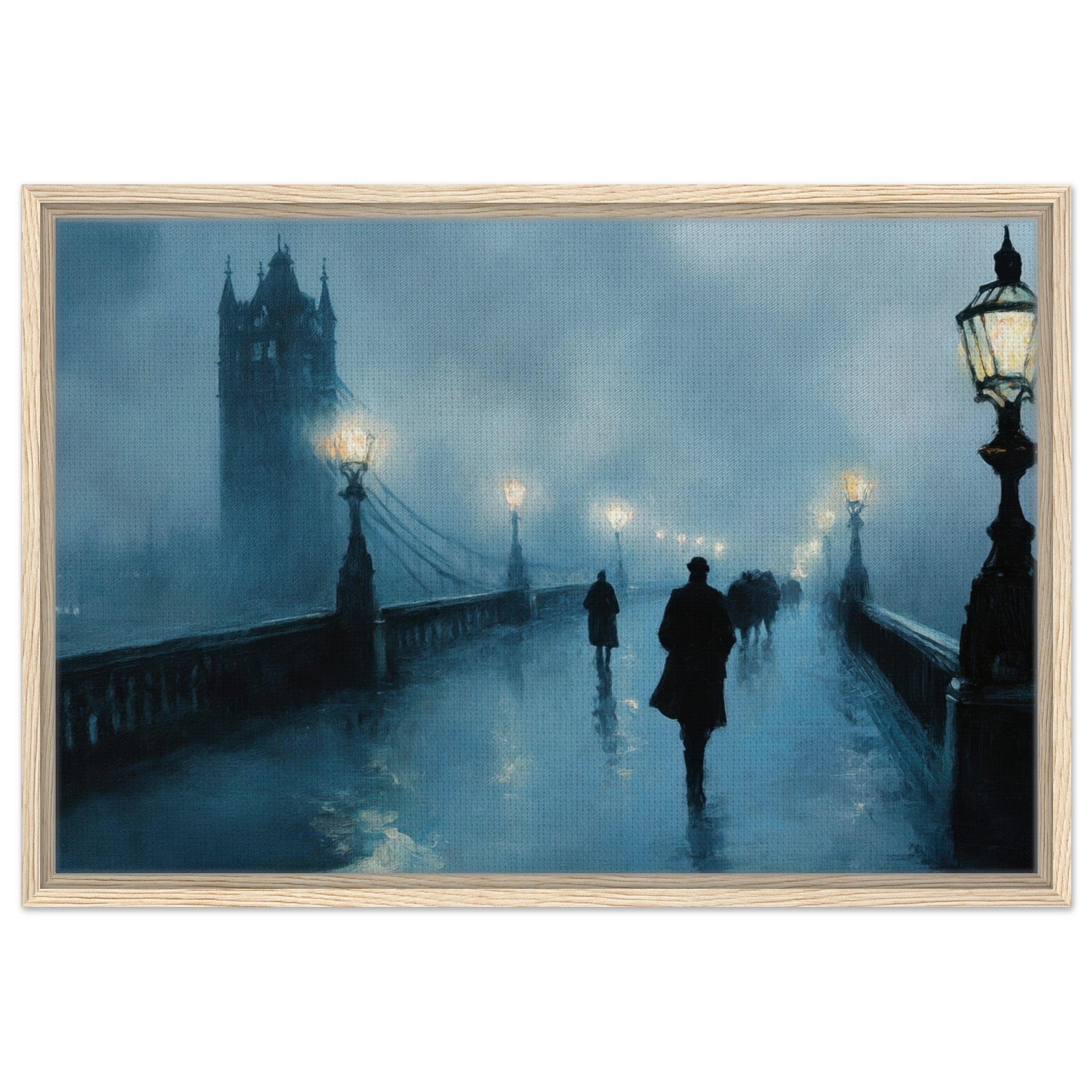 Framed Canvas Landscape - Foggy London Bridge at Dawn A misty morning vie - Shop Ai Art WebShop - Digital Art online Store