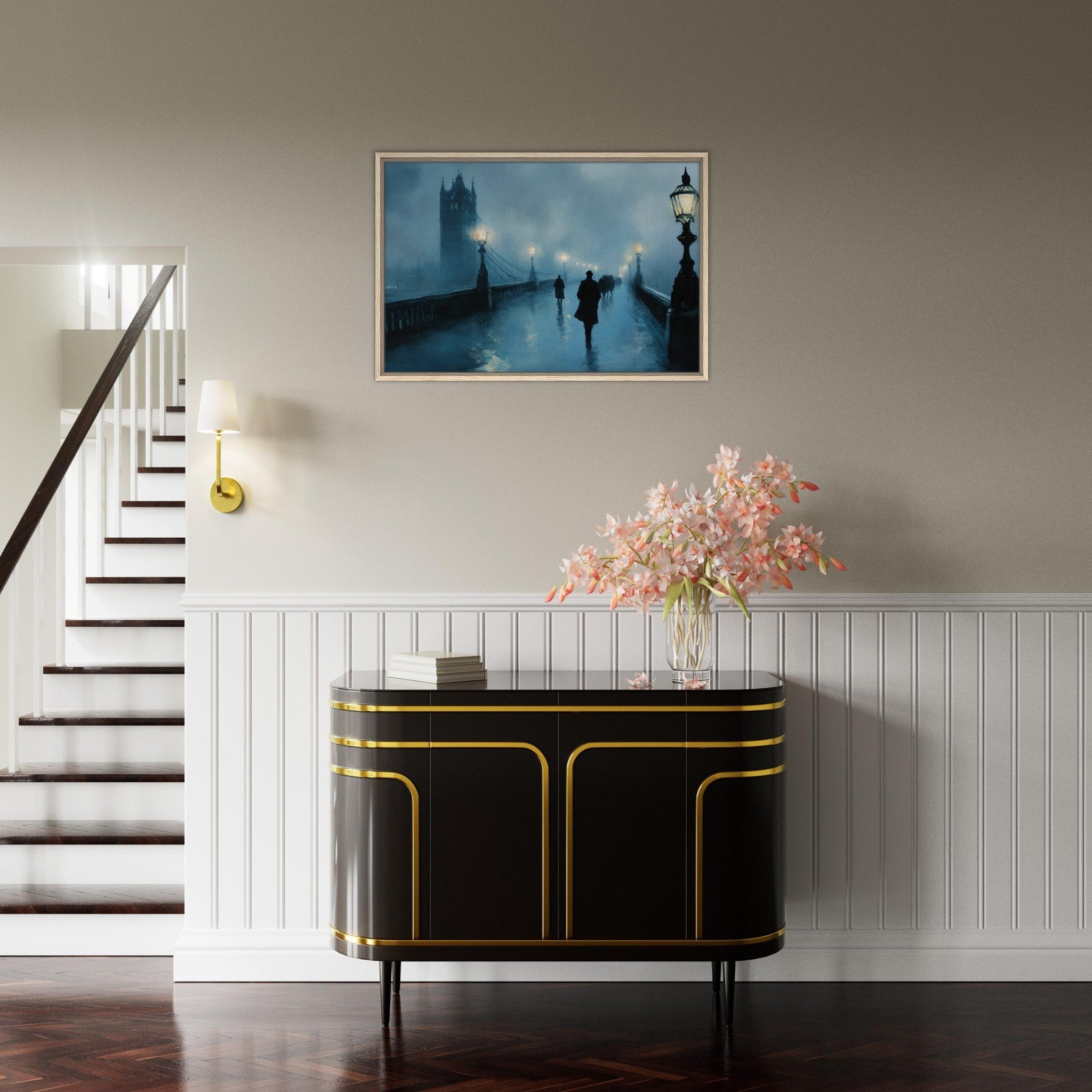 Framed Canvas Landscape - Foggy London Bridge at Dawn A misty morning vie - Shop Ai Art WebShop - Digital Art online Store