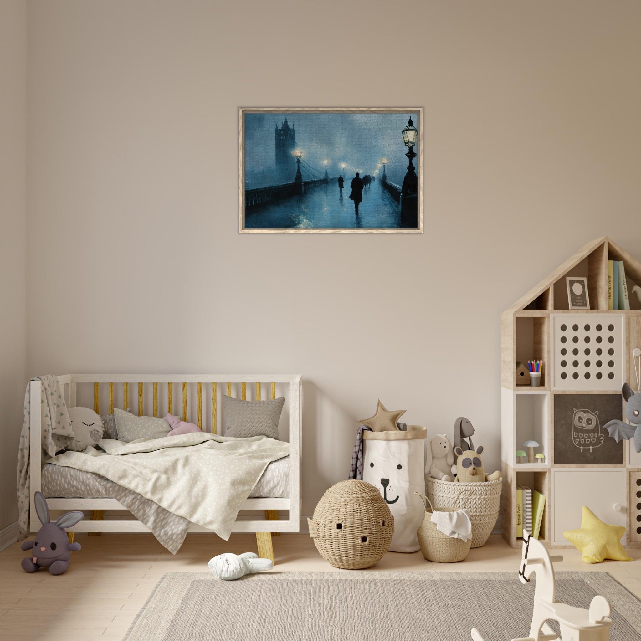 Framed Canvas Landscape - Foggy London Bridge at Dawn A misty morning vie - Shop Ai Art WebShop - Digital Art online Store