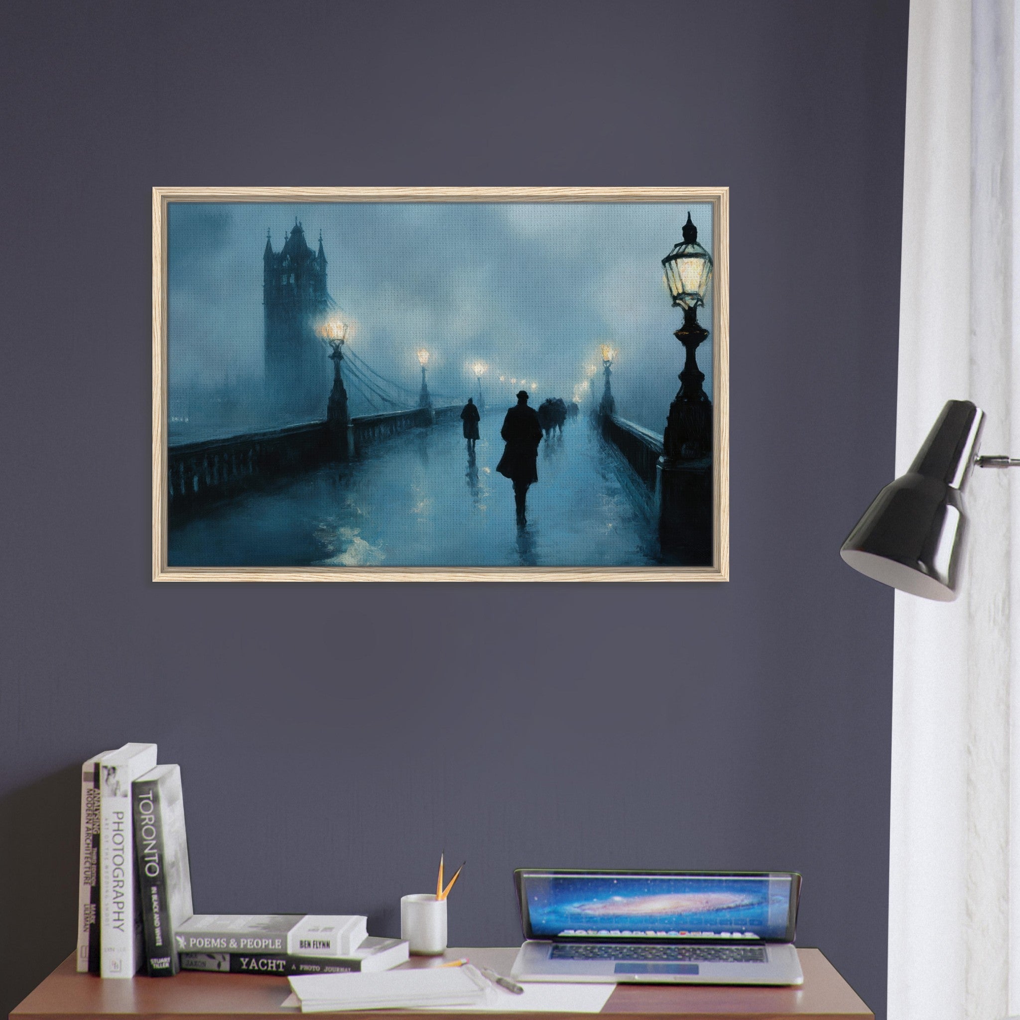 Framed Canvas Landscape - Foggy London Bridge at Dawn A misty morning vie - Shop Ai Art WebShop - Digital Art online Store