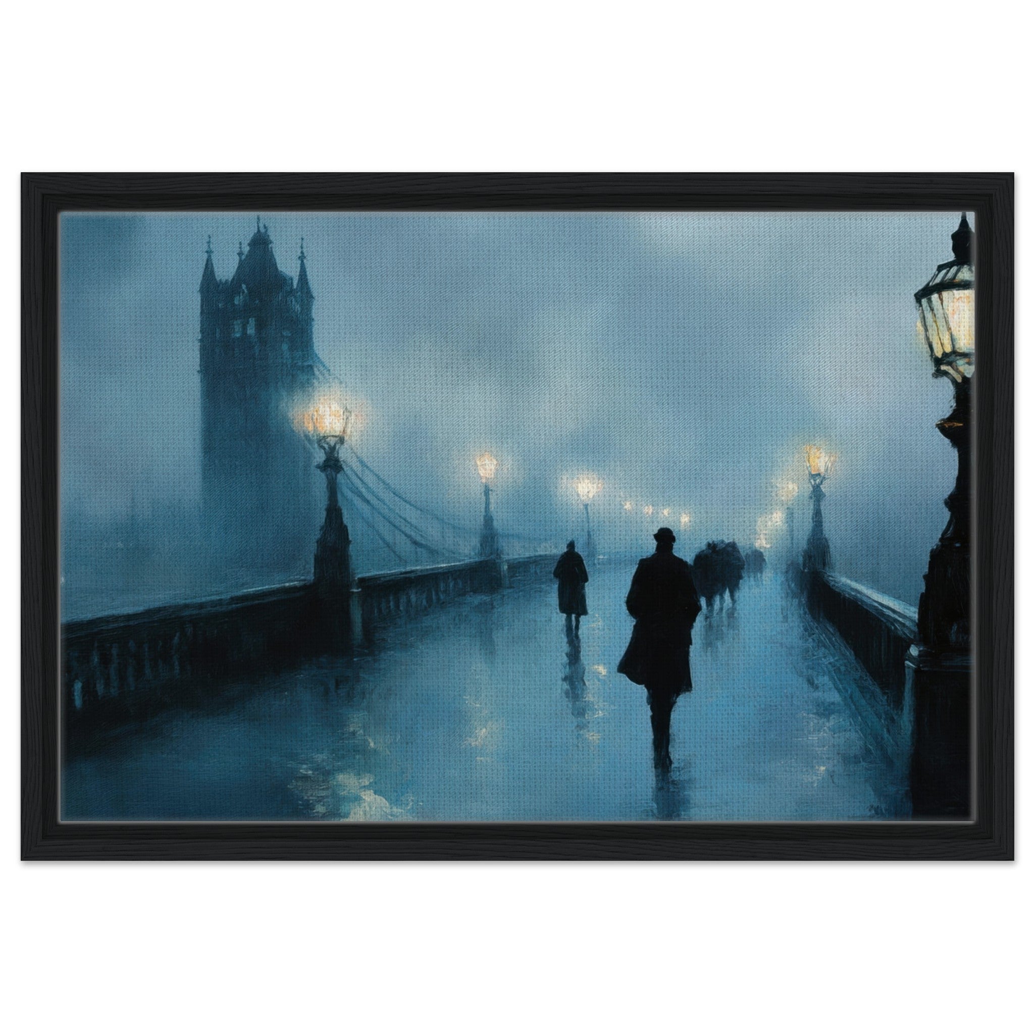 Framed Canvas Landscape - Foggy London Bridge at Dawn A misty morning vie - Shop Ai Art WebShop - Digital Art online Store