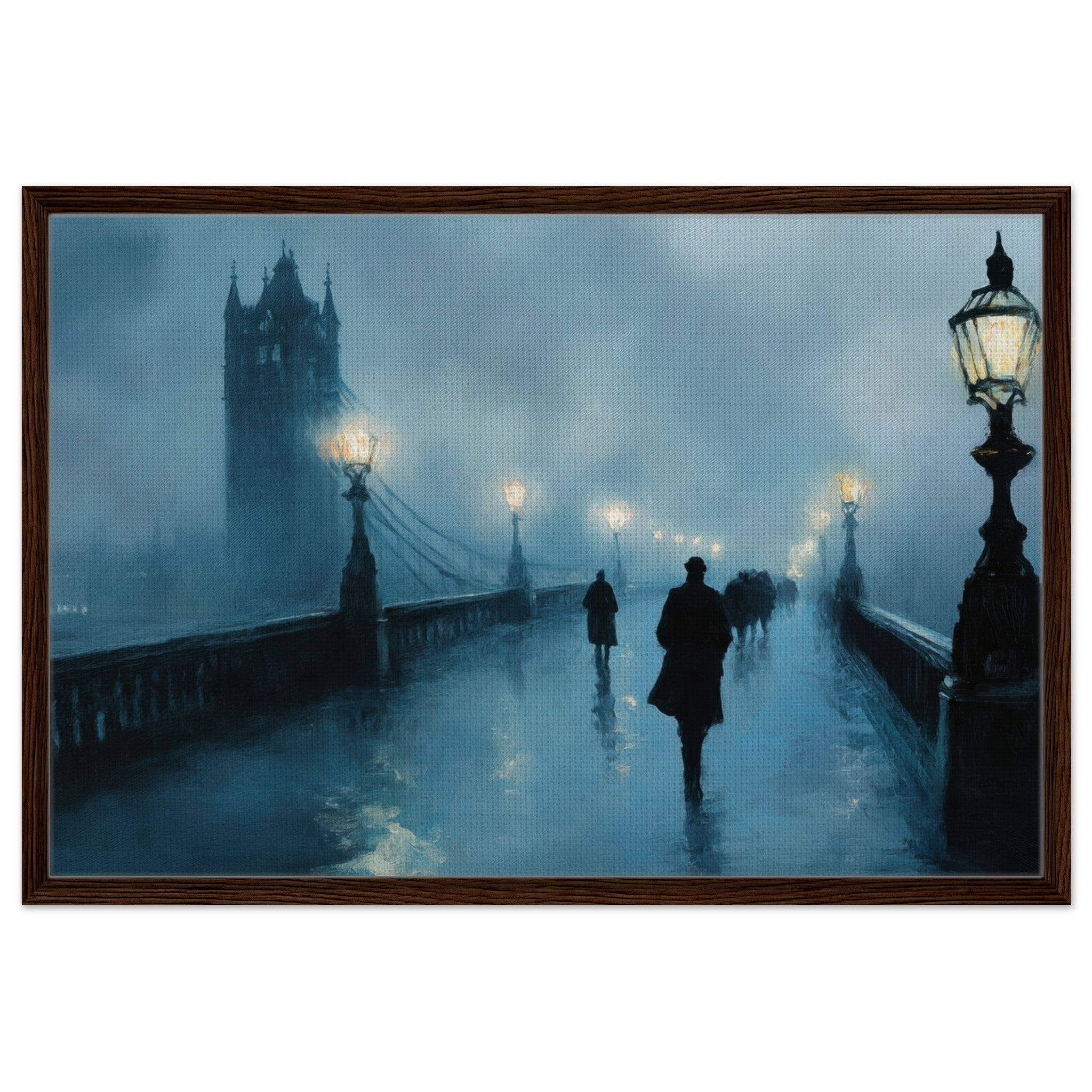 Framed Canvas Landscape - Foggy London Bridge at Dawn A misty morning vie - Shop Ai Art WebShop - Digital Art online Store