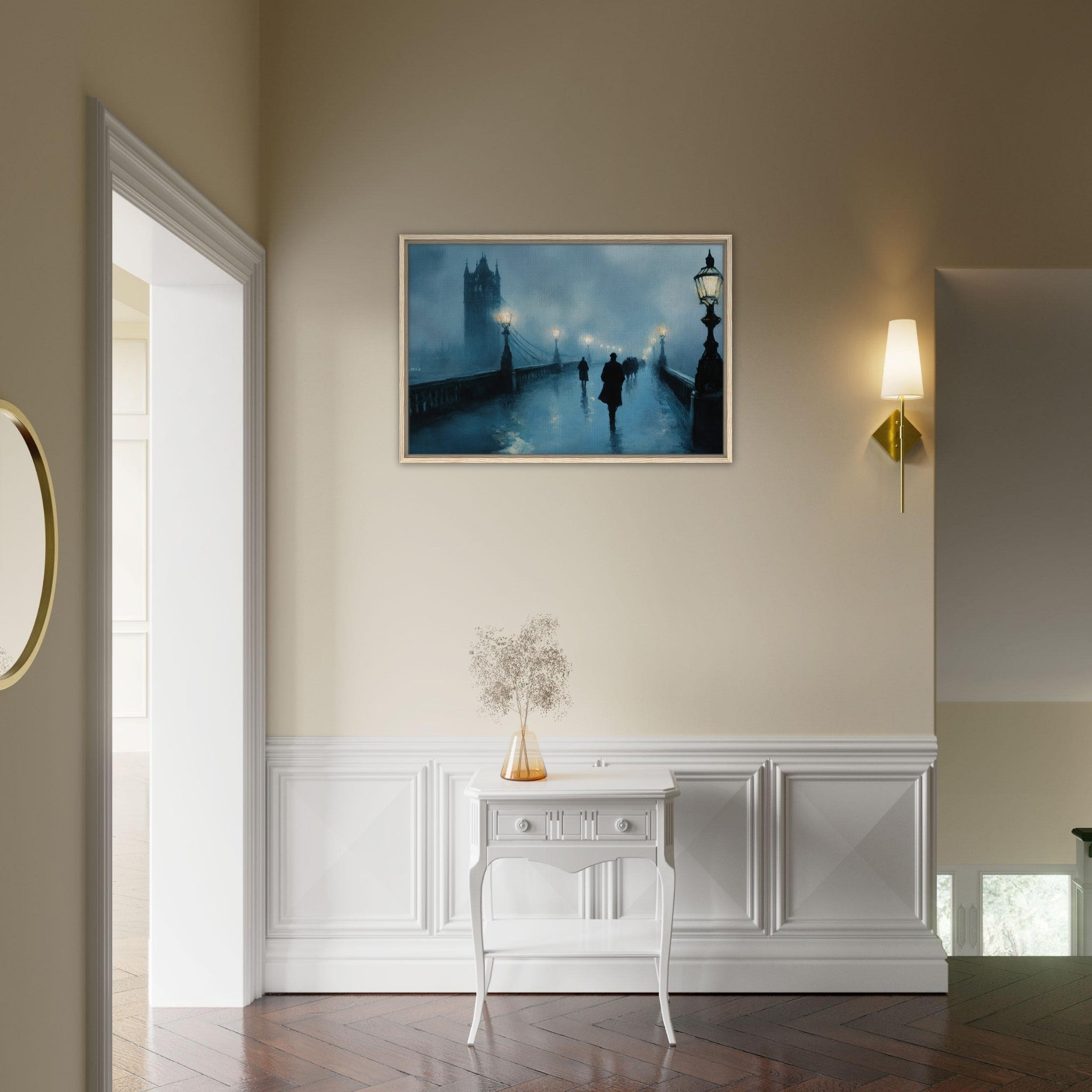 Framed Canvas Landscape - Foggy London Bridge at Dawn A misty morning vie - Shop Ai Art WebShop - Digital Art online Store