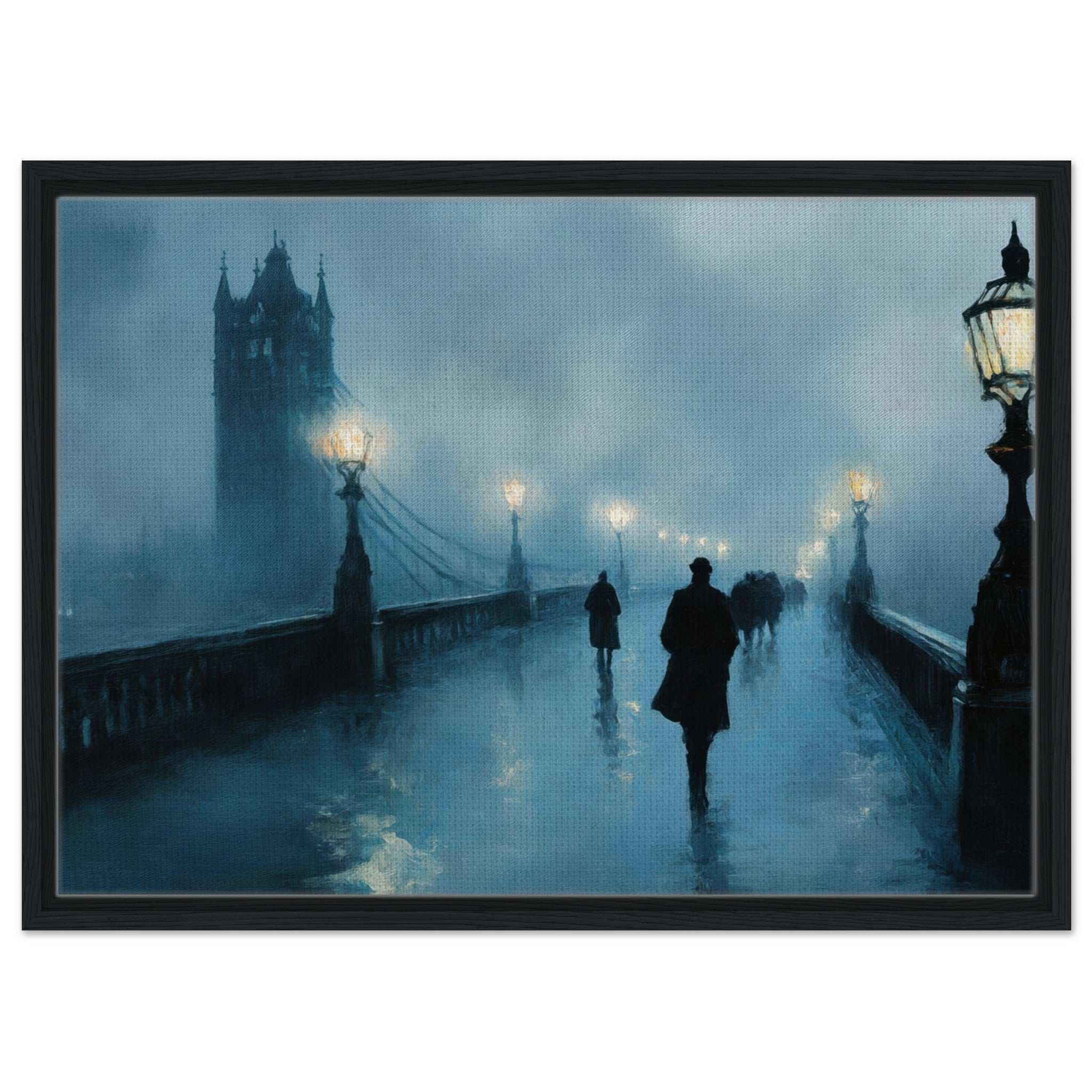 Framed Canvas Landscape - Foggy London Bridge at Dawn A misty morning vie - Shop Ai Art WebShop - Digital Art online Store