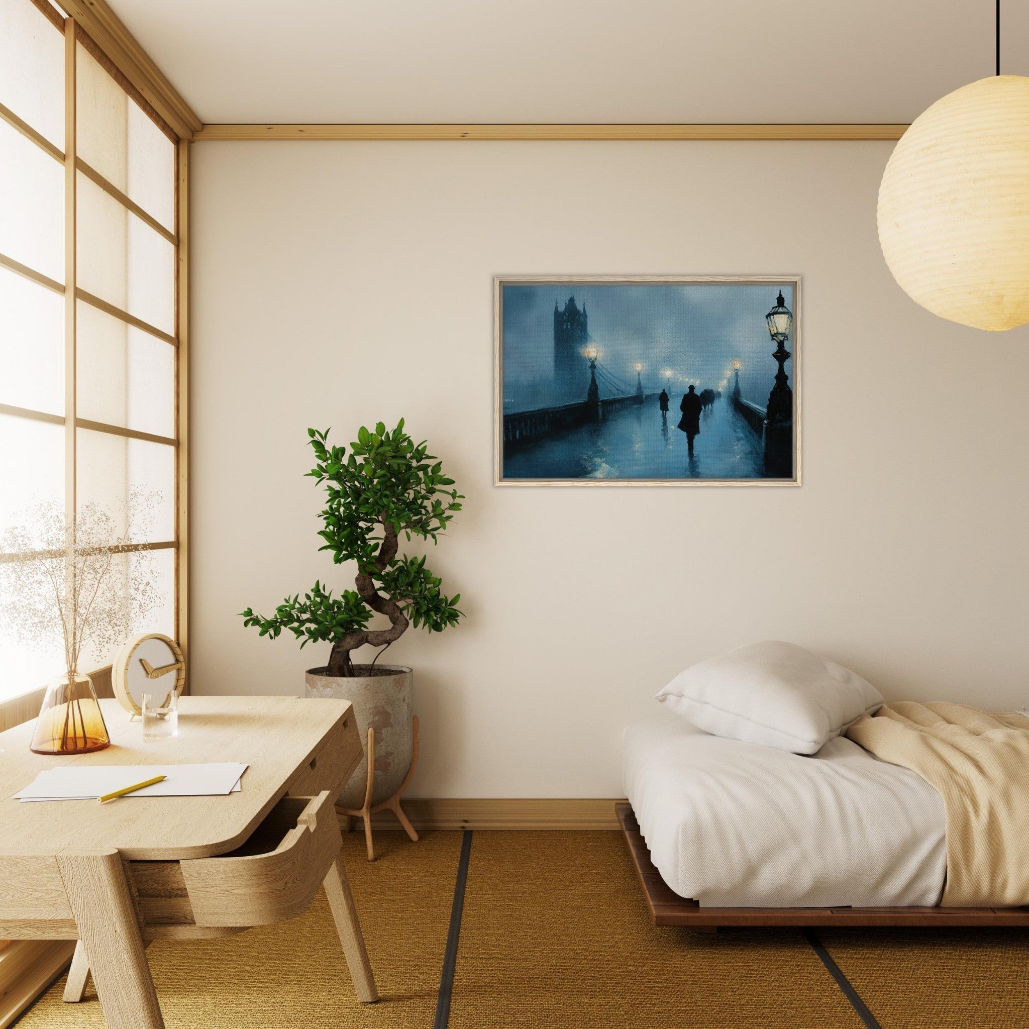 Framed Canvas Landscape - Foggy London Bridge at Dawn A misty morning vie - Shop Ai Art WebShop - Digital Art online Store
