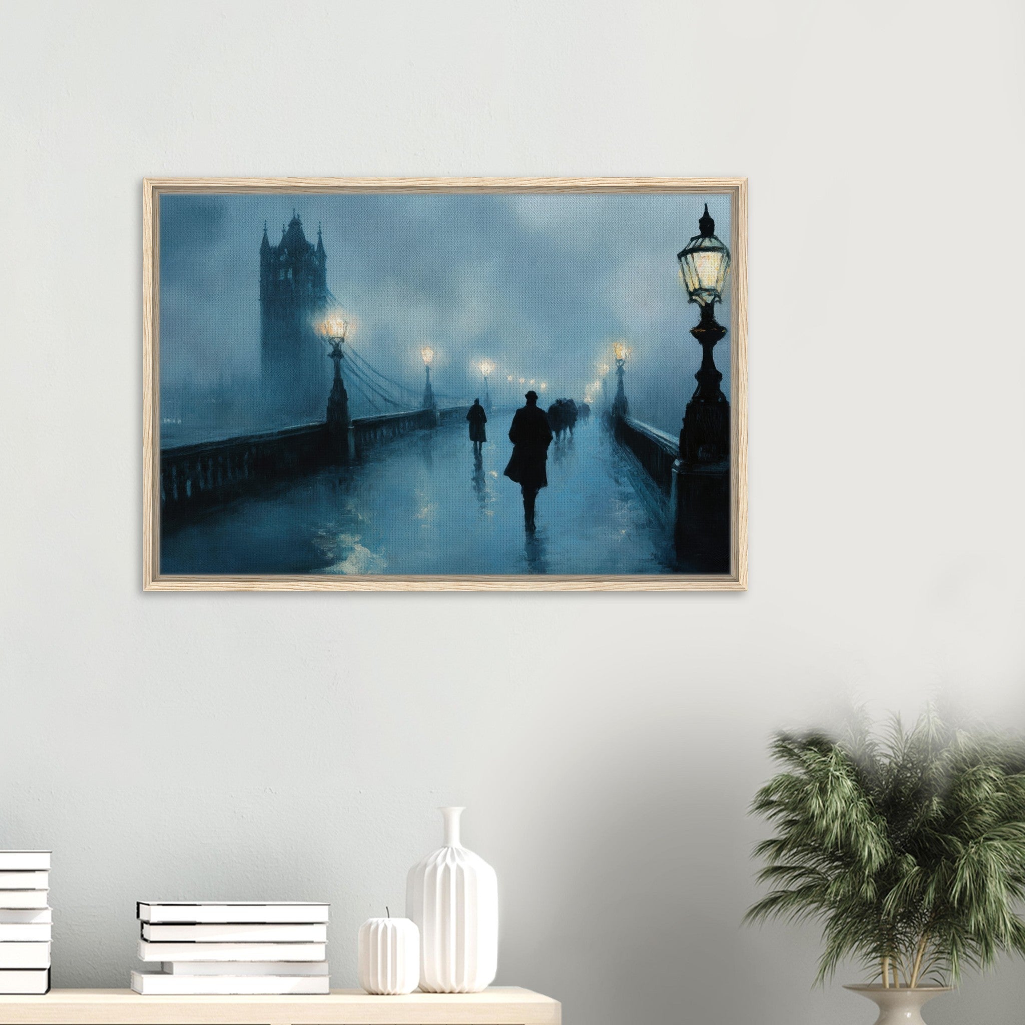 Framed Canvas Landscape - Foggy London Bridge at Dawn A misty morning vie - Shop Ai Art WebShop - Digital Art online Store