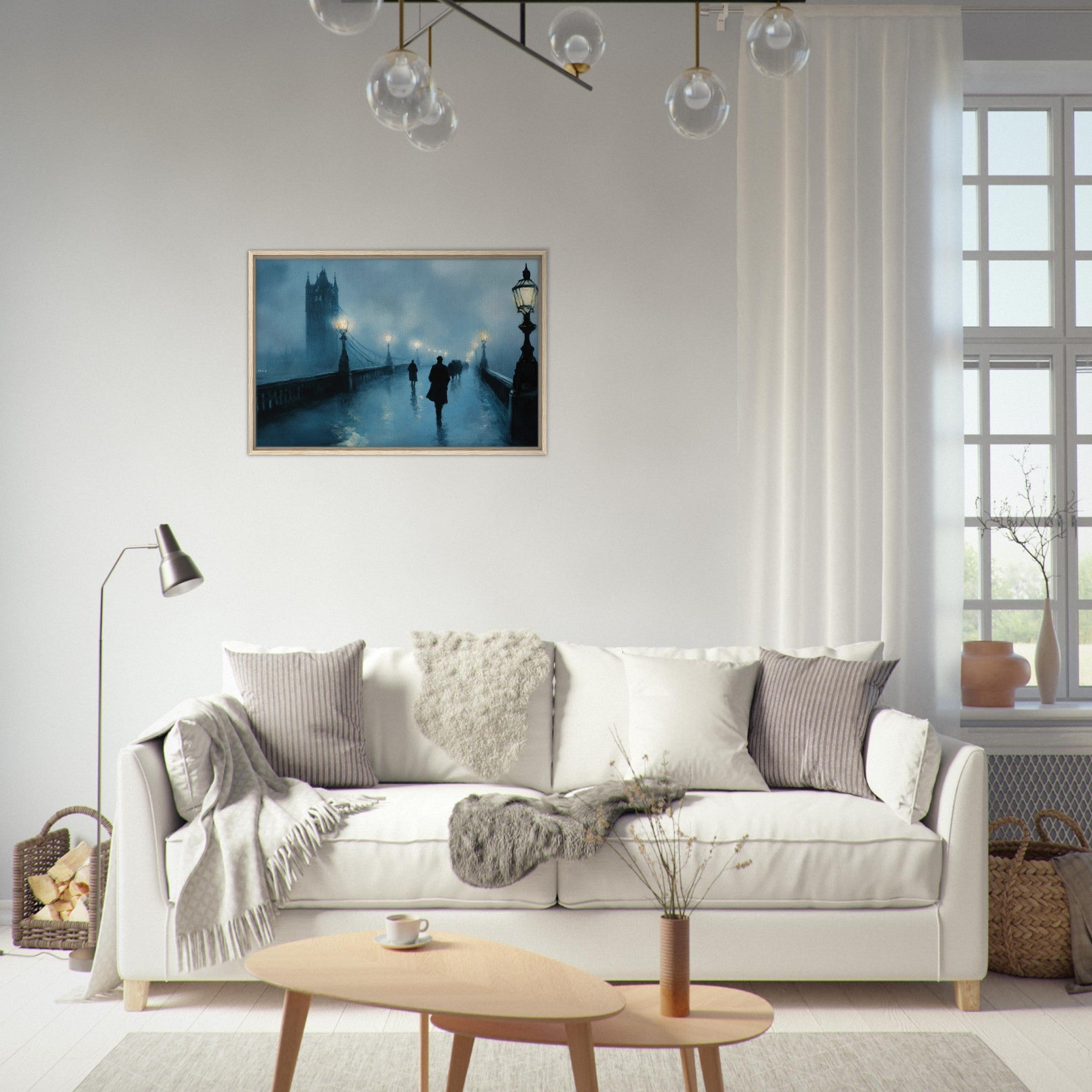 Framed Canvas Landscape - Foggy London Bridge at Dawn A misty morning vie - Shop Ai Art WebShop - Digital Art online Store