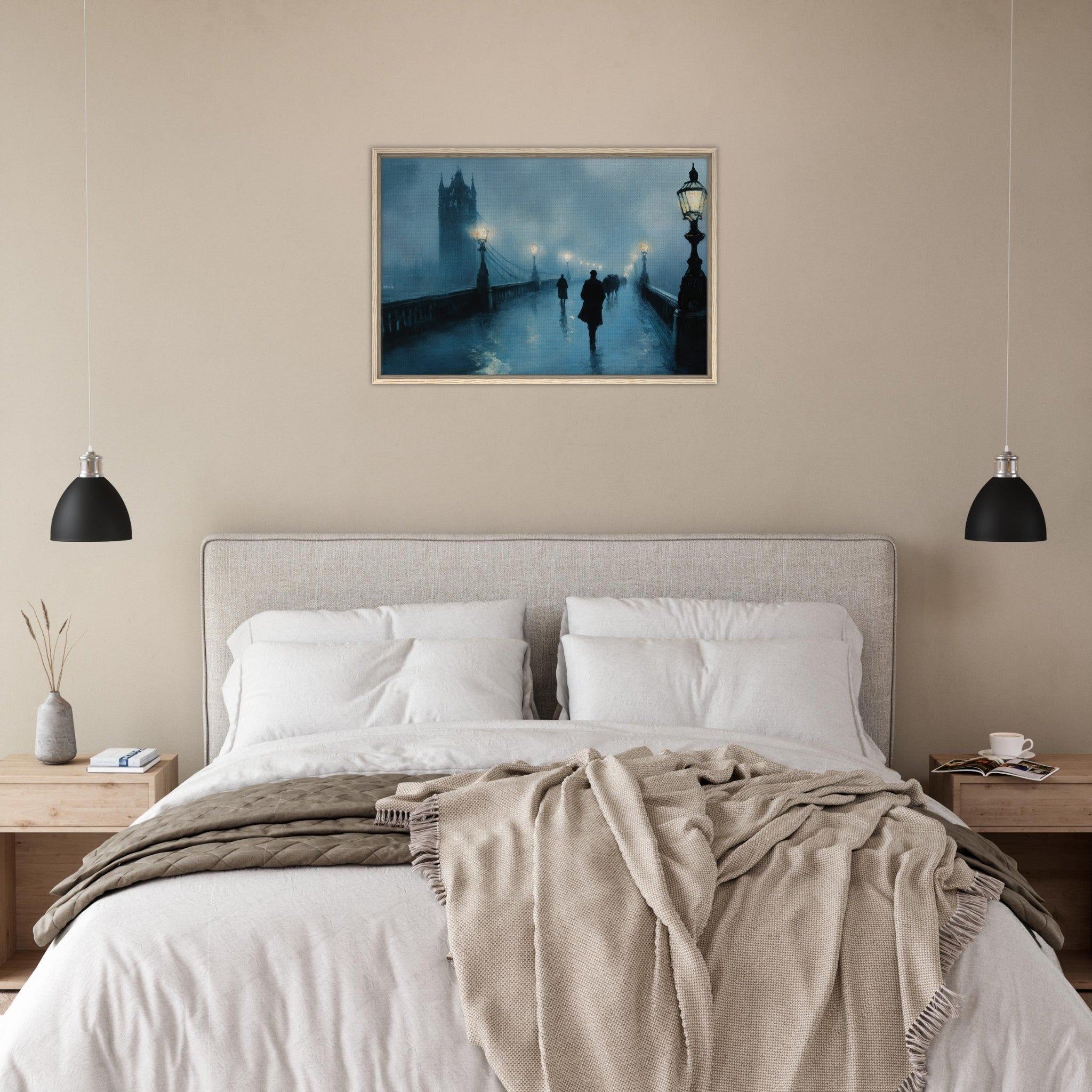 Framed Canvas Landscape - Foggy London Bridge at Dawn A misty morning vie - Shop Ai Art WebShop - Digital Art online Store
