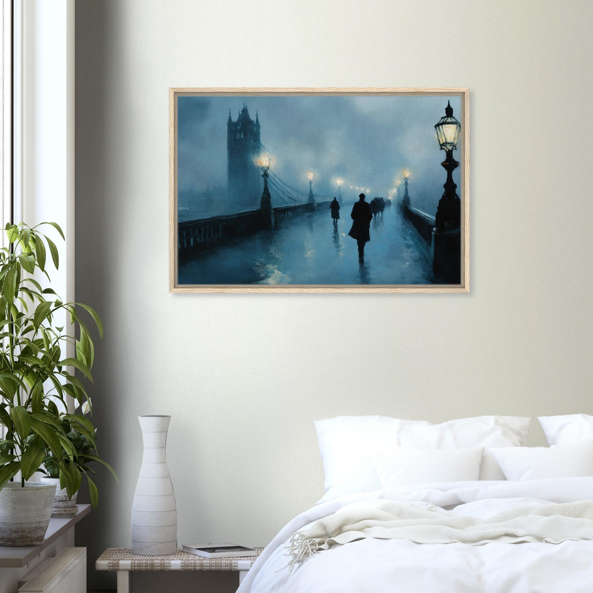 Framed Canvas Landscape - Foggy London Bridge at Dawn A misty morning vie - Shop Ai Art WebShop - Digital Art online Store