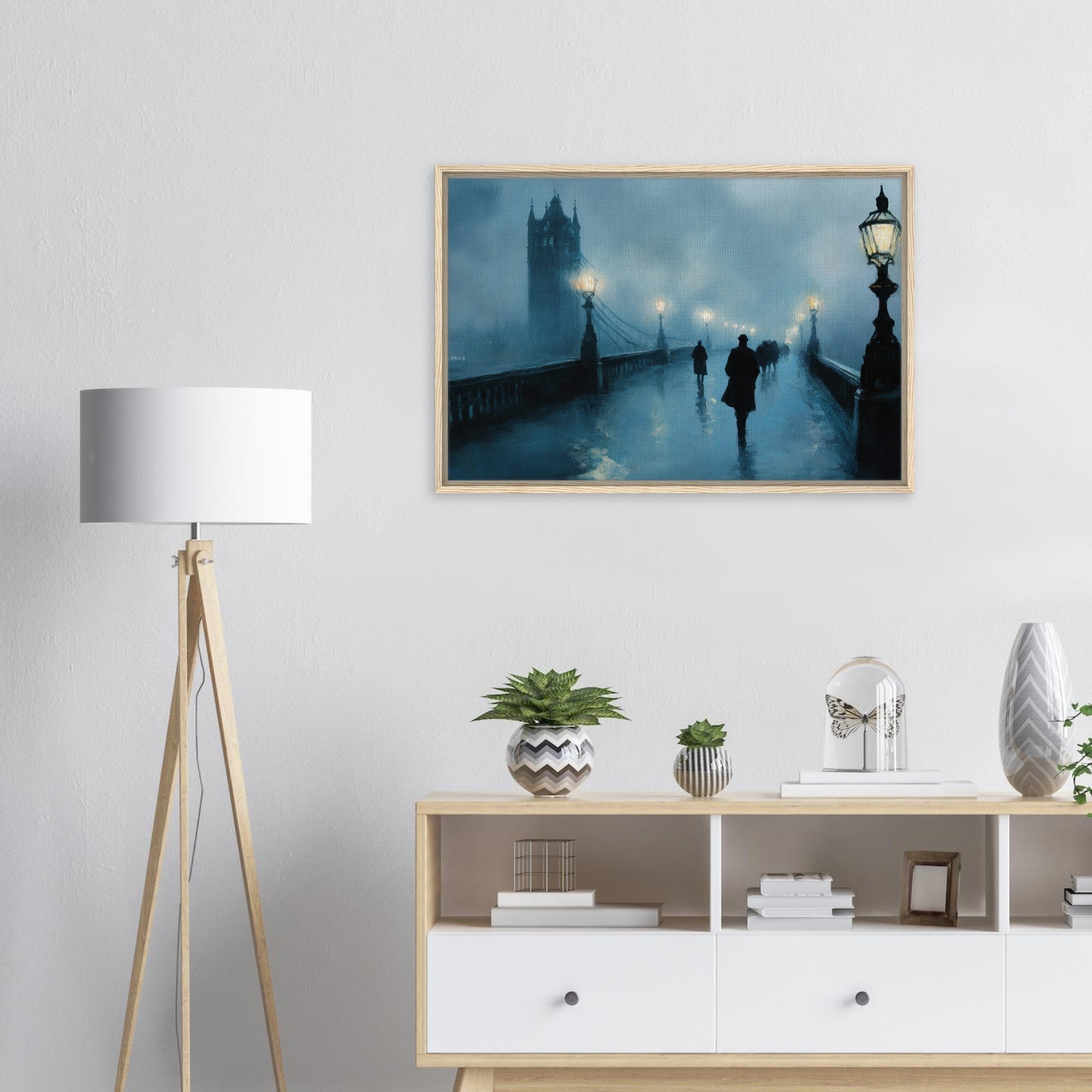 Framed Canvas Landscape - Foggy London Bridge at Dawn A misty morning vie - Shop Ai Art WebShop - Digital Art online Store