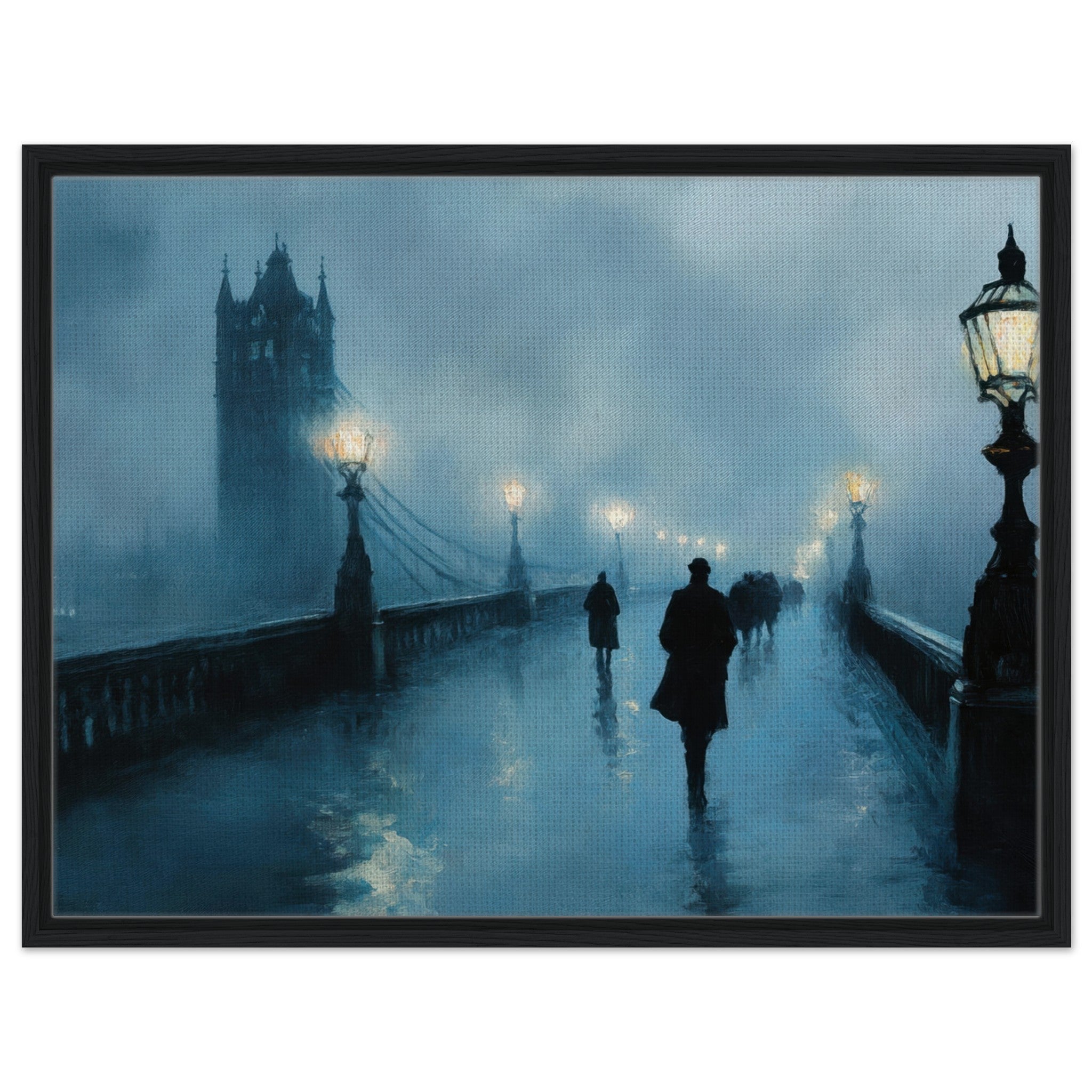Framed Canvas Landscape - Foggy London Bridge at Dawn A misty morning vie - Shop Ai Art WebShop - Digital Art online Store