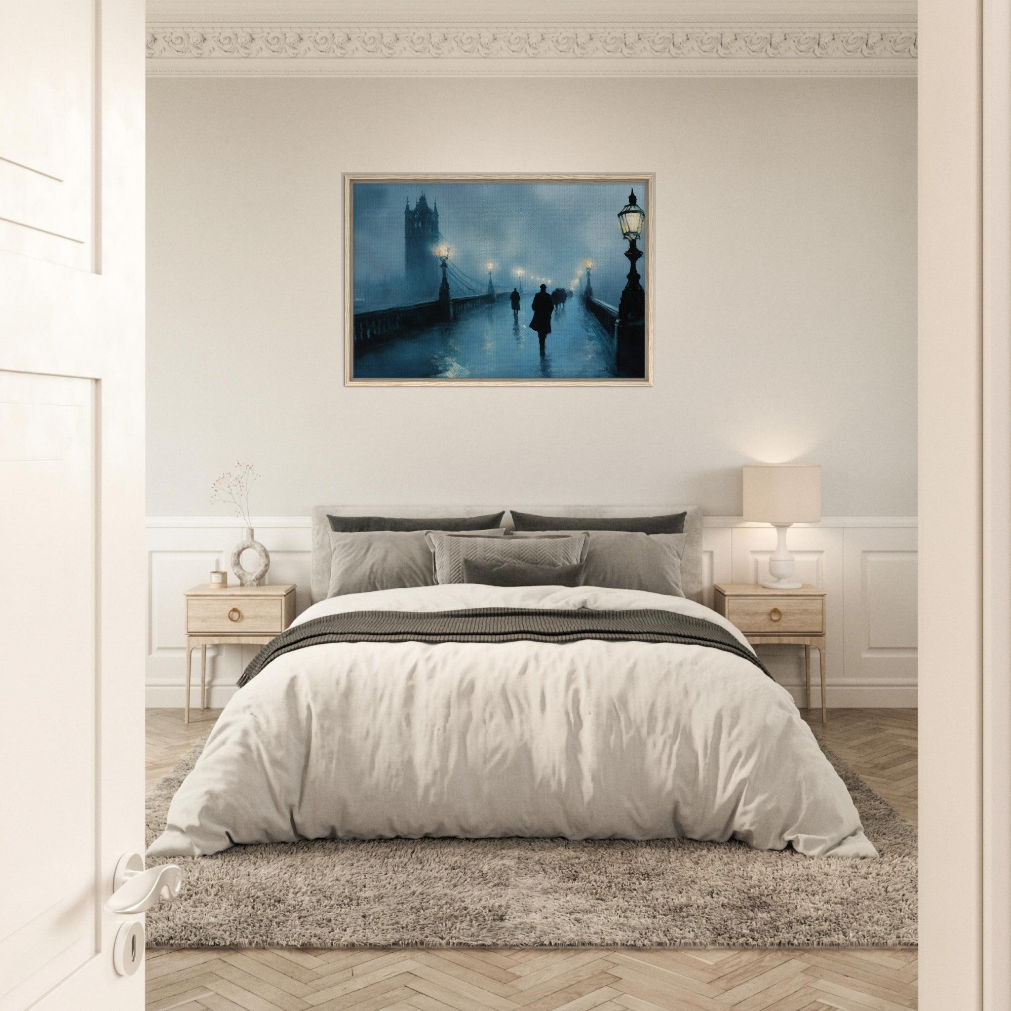 Framed Canvas Landscape - Foggy London Bridge at Dawn A misty morning vie - Shop Ai Art WebShop - Digital Art online Store