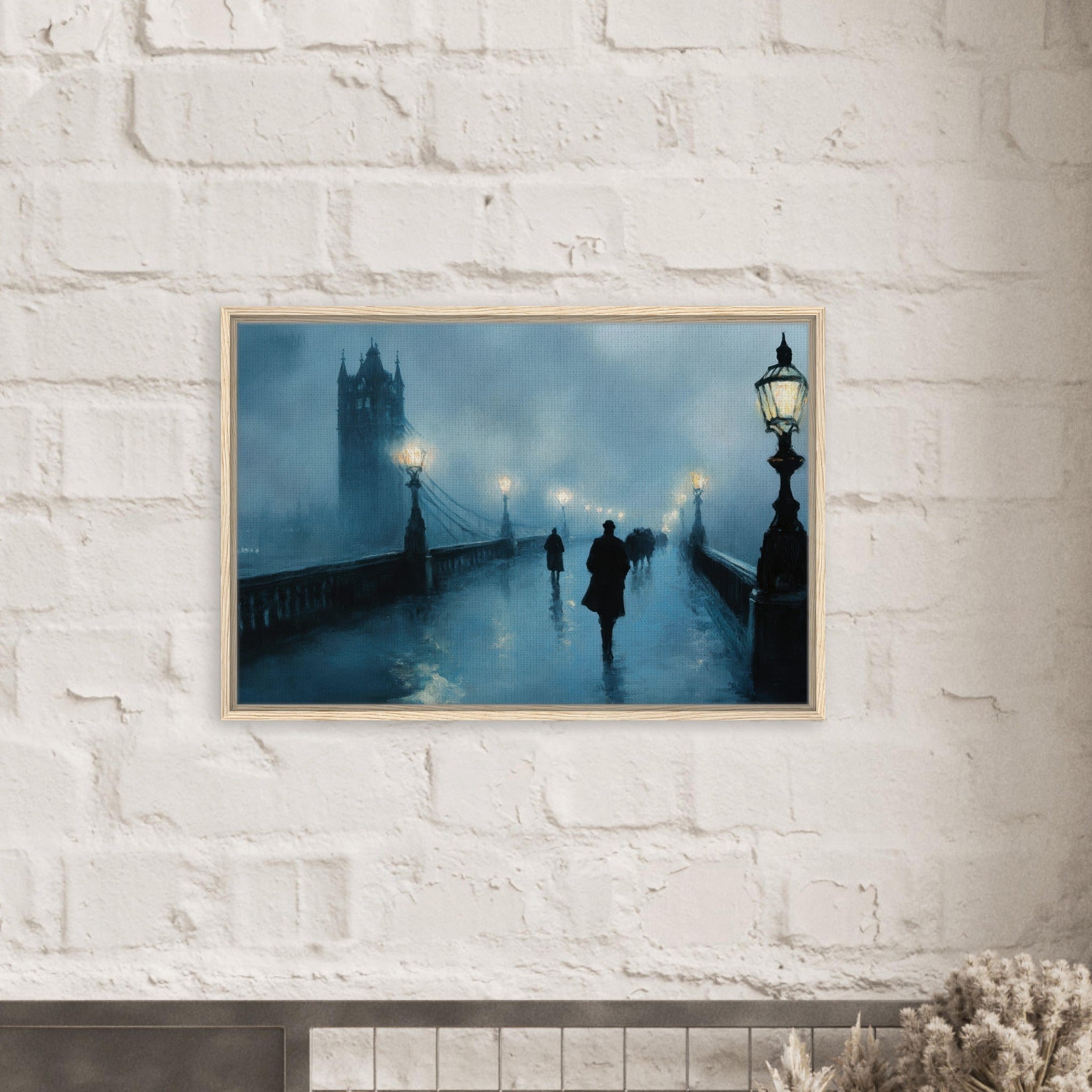 Framed Canvas Landscape - Foggy London Bridge at Dawn A misty morning vie - Shop Ai Art WebShop - Digital Art online Store