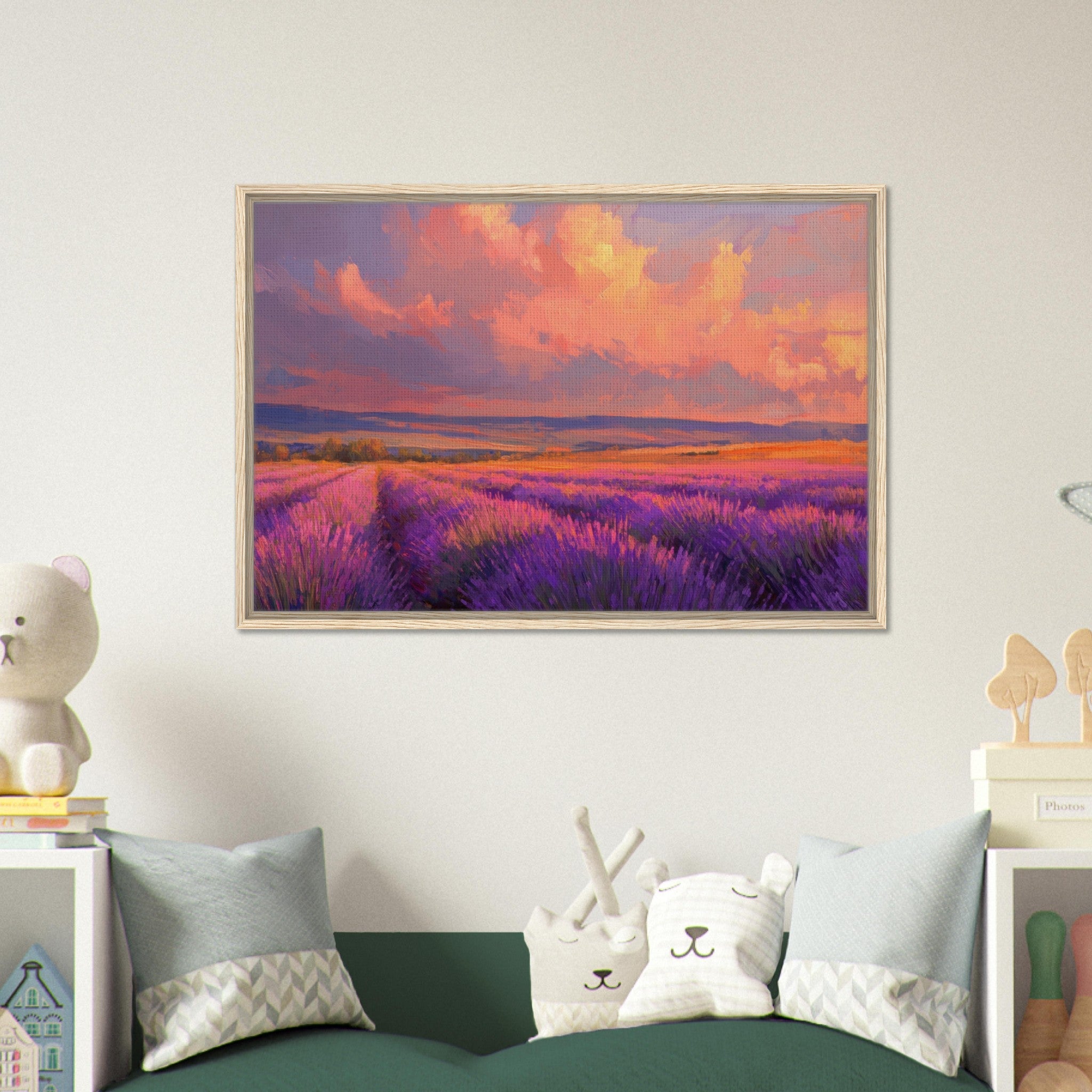 Framed Canvas Landscape - Rolling lavender fields under a pink - hued sunset - Shop Ai Art WebShop - Digital Art online Store