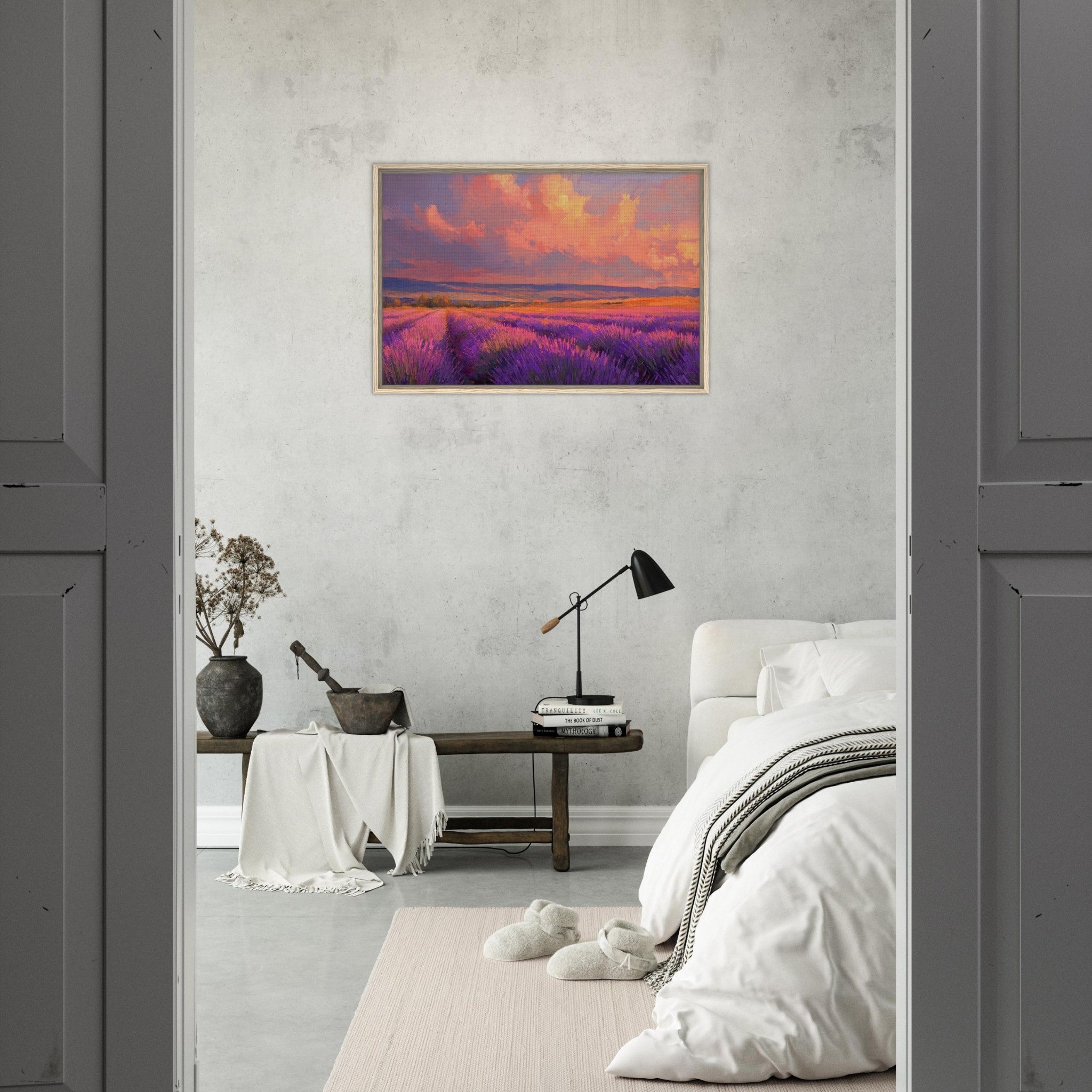 Framed Canvas Landscape - Rolling lavender fields under a pink - hued sunset - Shop Ai Art WebShop - Digital Art online Store